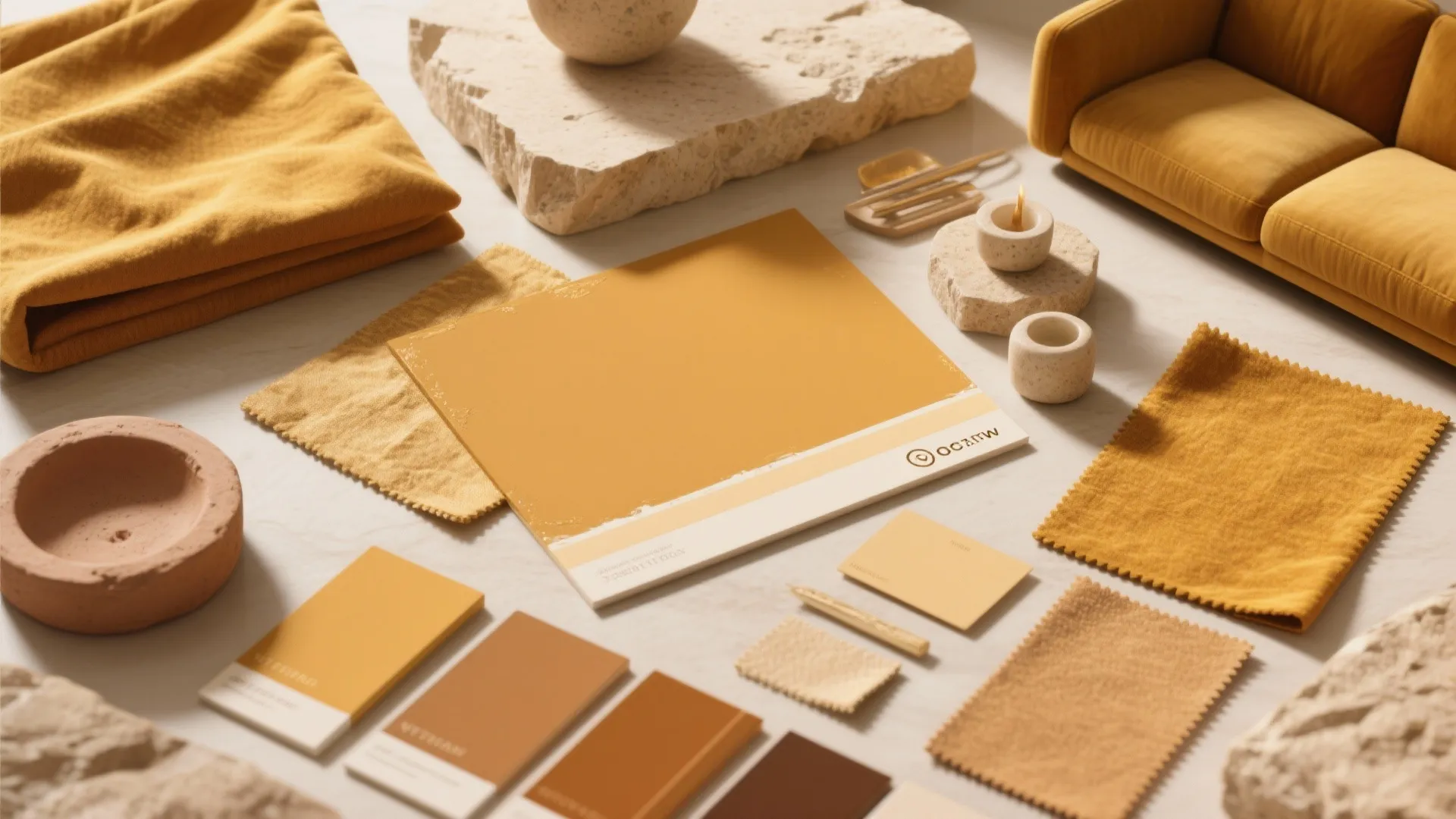 Interior design material board with yellow fabric samples color swatches stone pieces and small sofa