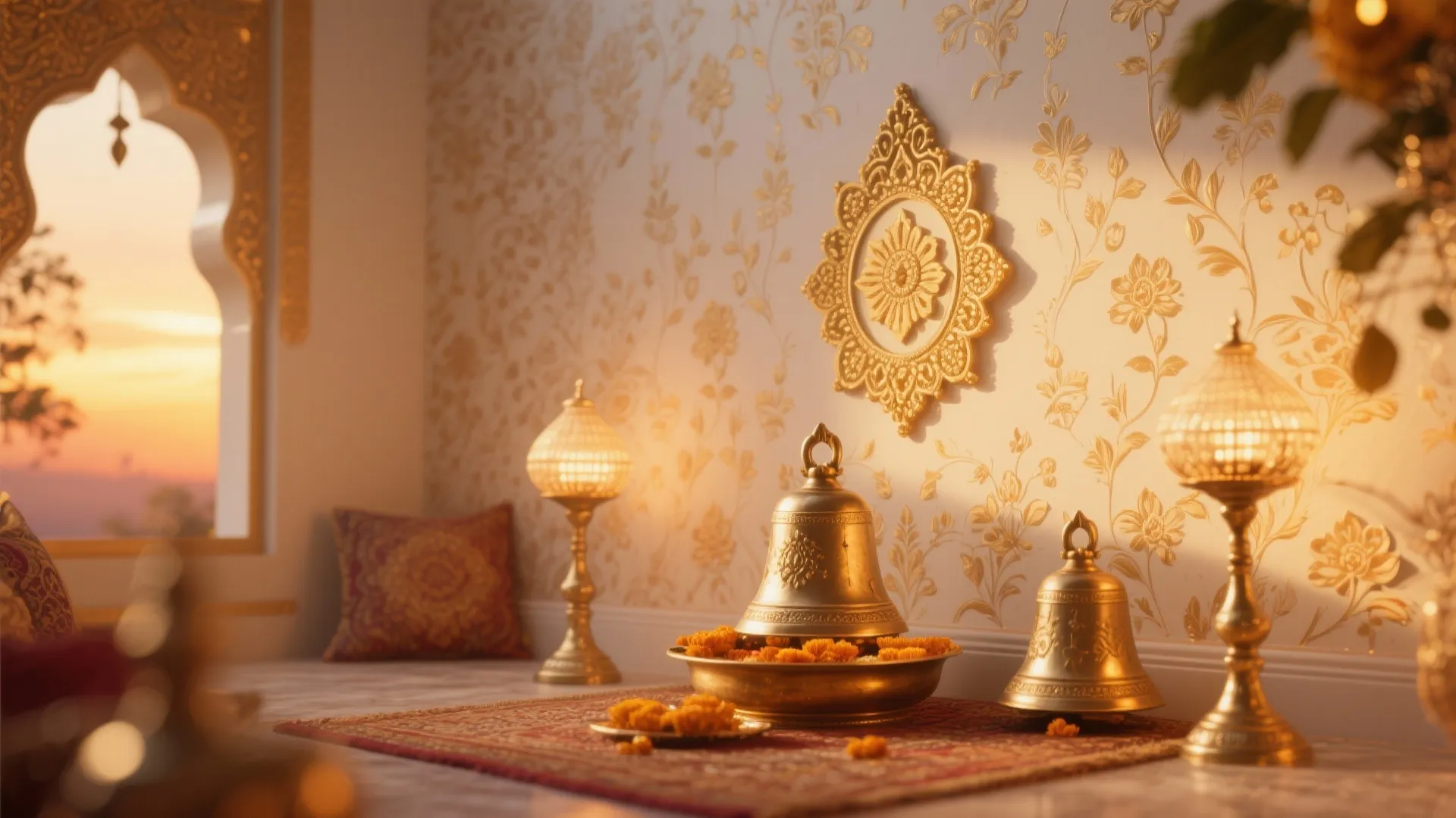 Golden bells on rug with floral wallpaper table lamps and sunset view through arched window