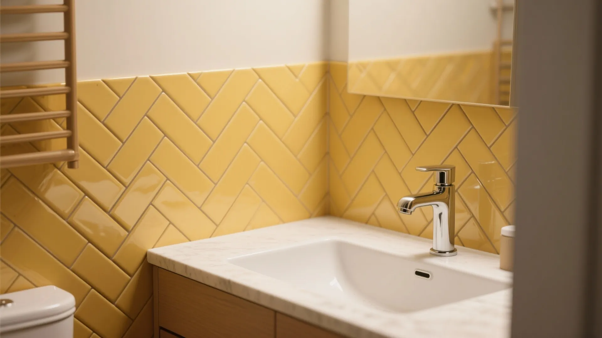 White bathroom sink with chrome faucet and yellow zig zag wall tiles on wooden cabinet
