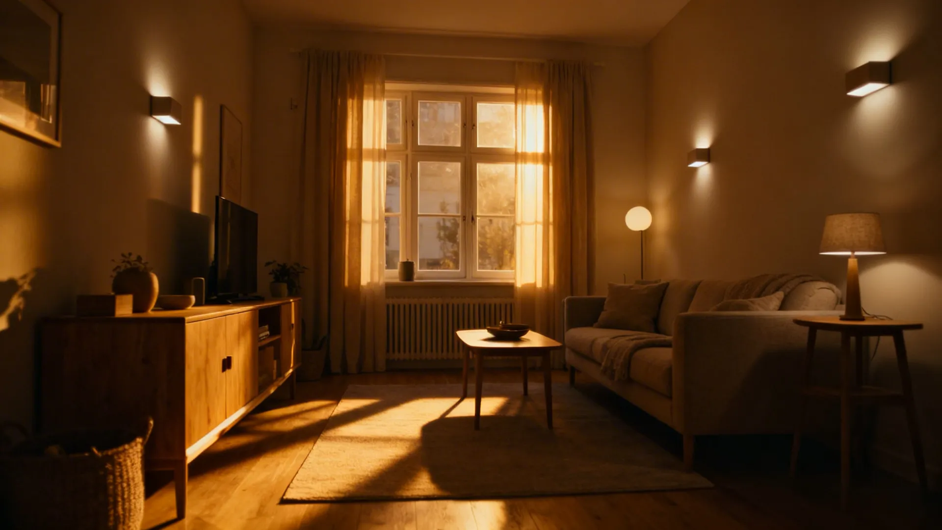 Compact living room with warm golden-hour lighting and layered ambient, task, and accent effects.