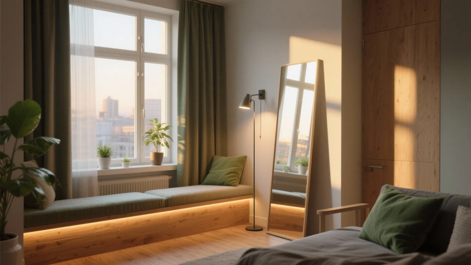 Modern studio apartment with wooden window seat green pillows tall mirror floor lamp and natural light