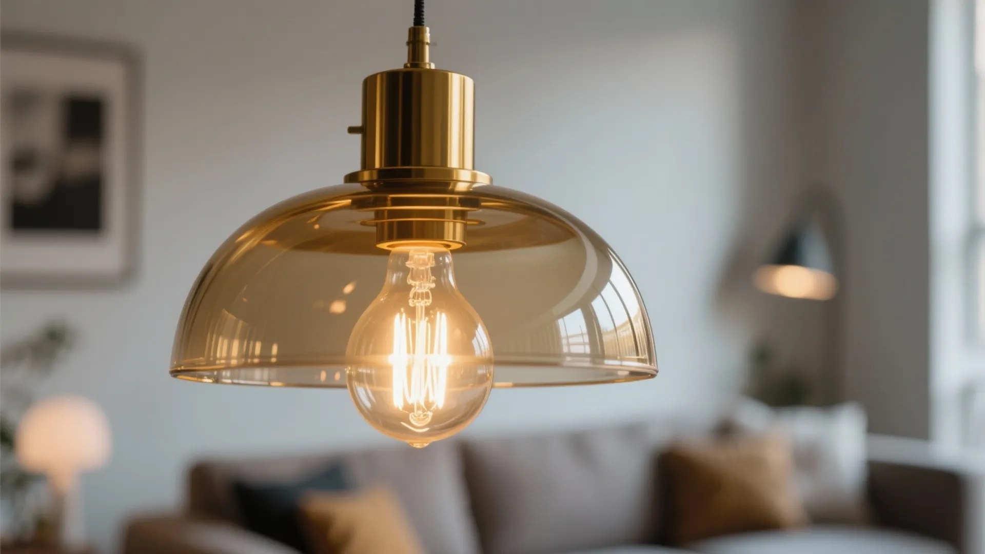 Modern gold glass ceiling light hanging in a living room with sofa and warm lighting