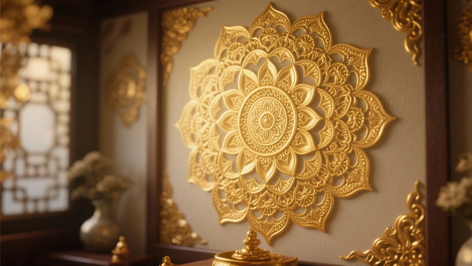 Detailed golden flower wall decoration inside a wooden frame with warm lighting and a blurry background