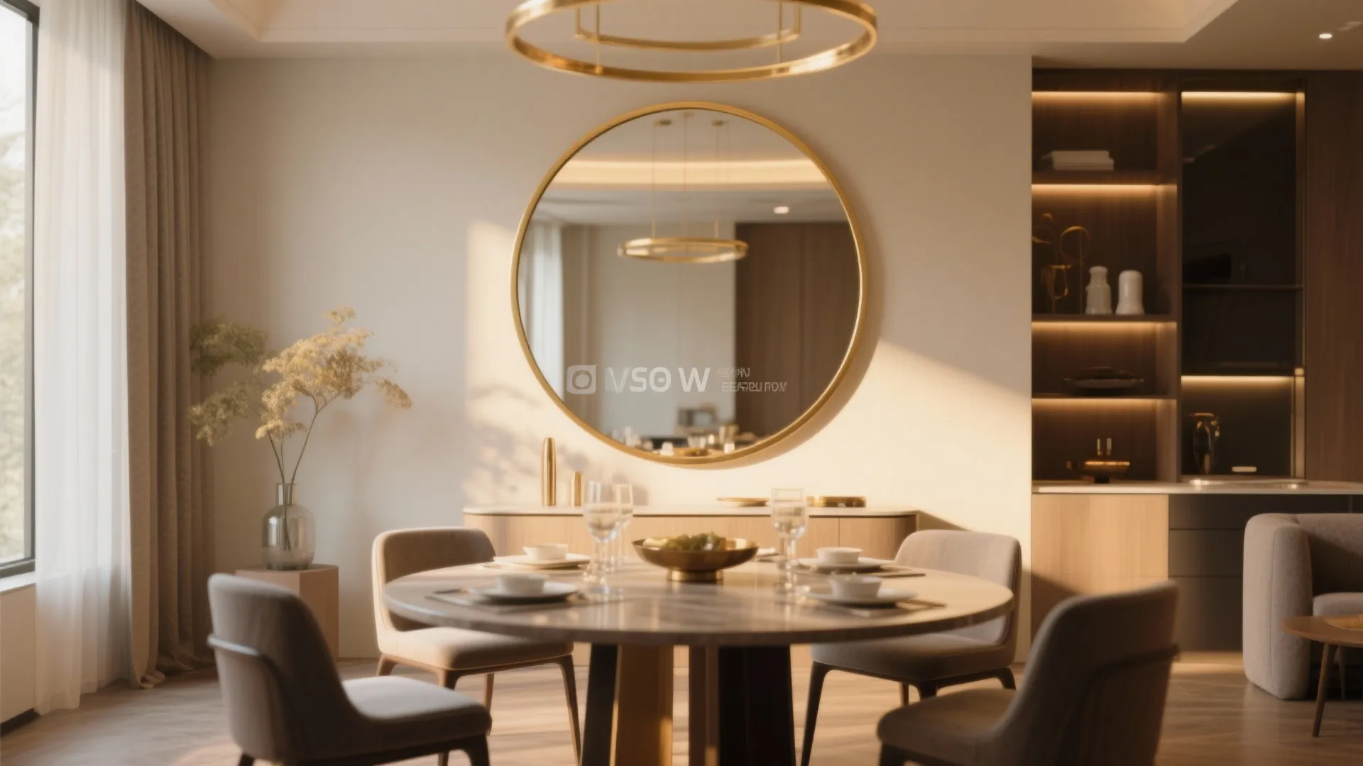 Modern dining room with round table four chairs large gold mirror ceiling light and cabinet