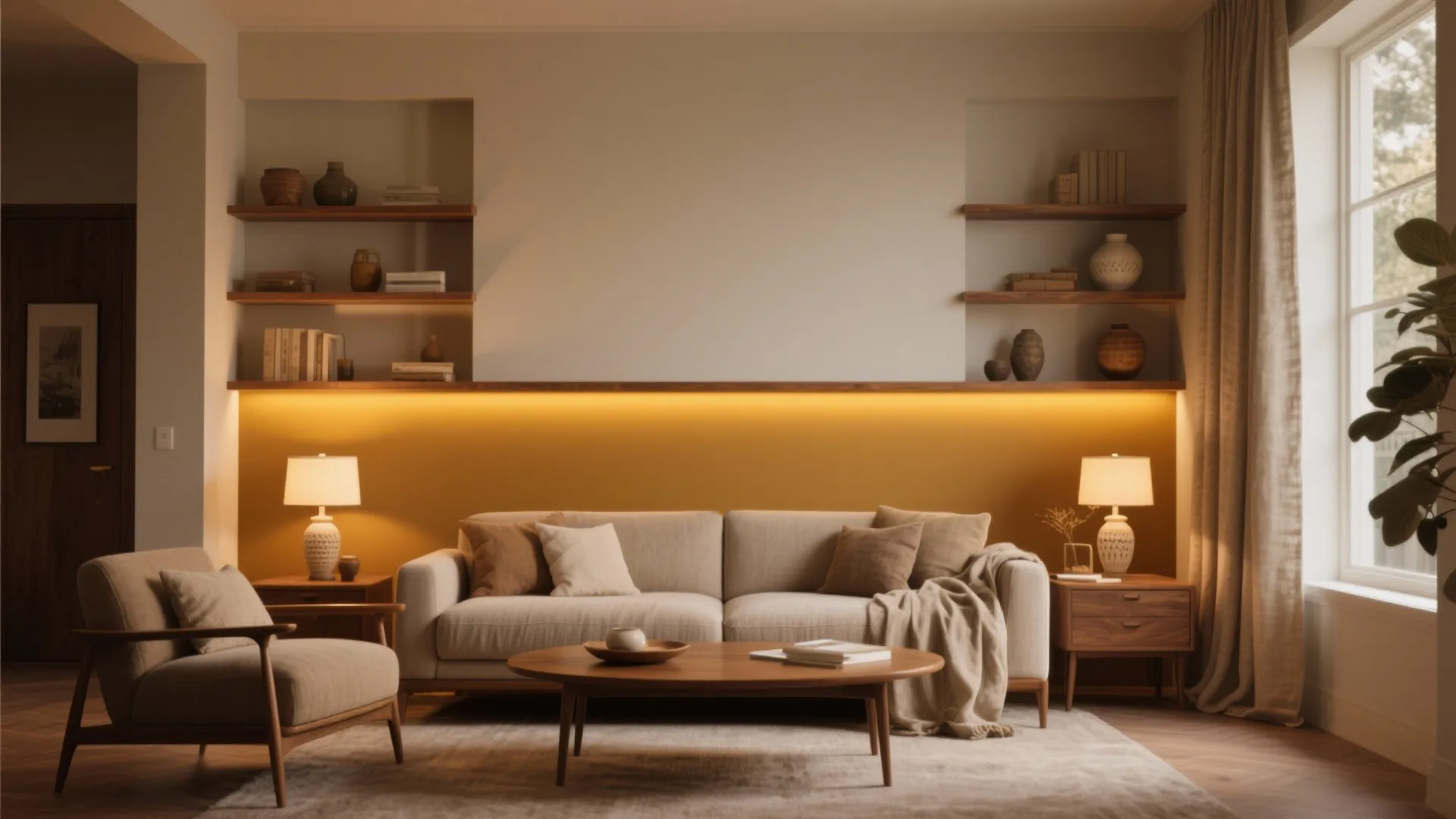 Warm living room with yellow wall light, beige sofa, wooden shelves, and round coffee table