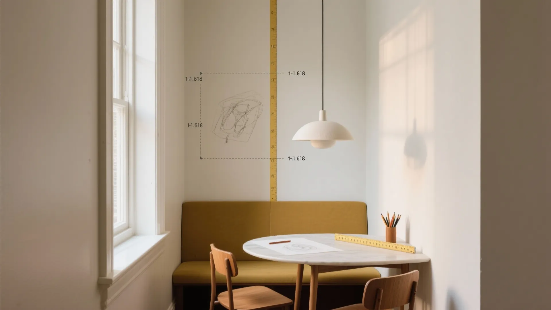 Dining area with round marble table and yellow sofa showing measurements on the white wall
