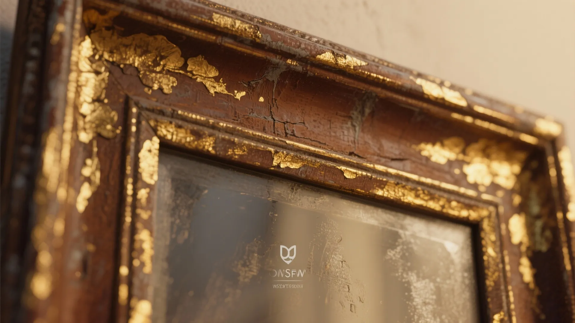 Close up view of aged wooden mirror frame with peeling gold paint and vintage details