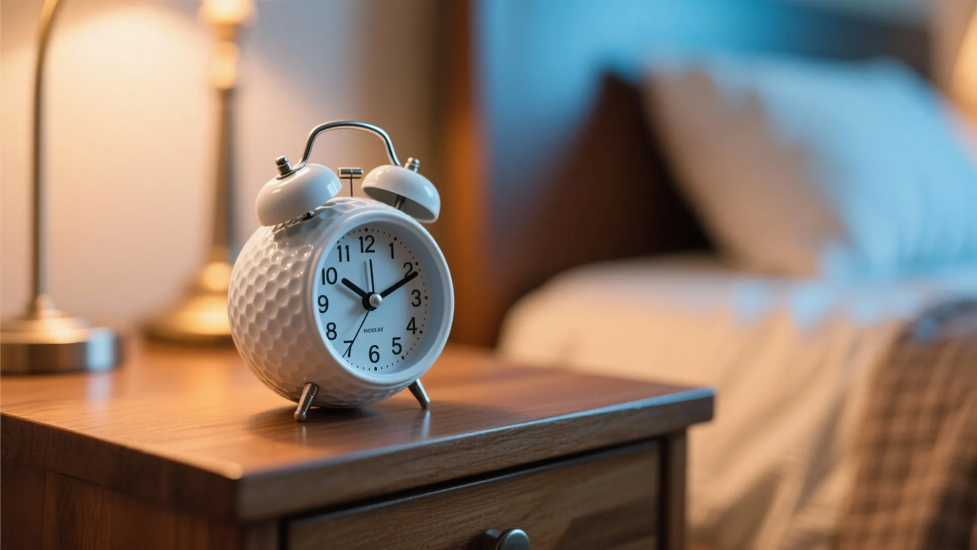Golf ball-shaped alarm clock on wooden nightstand