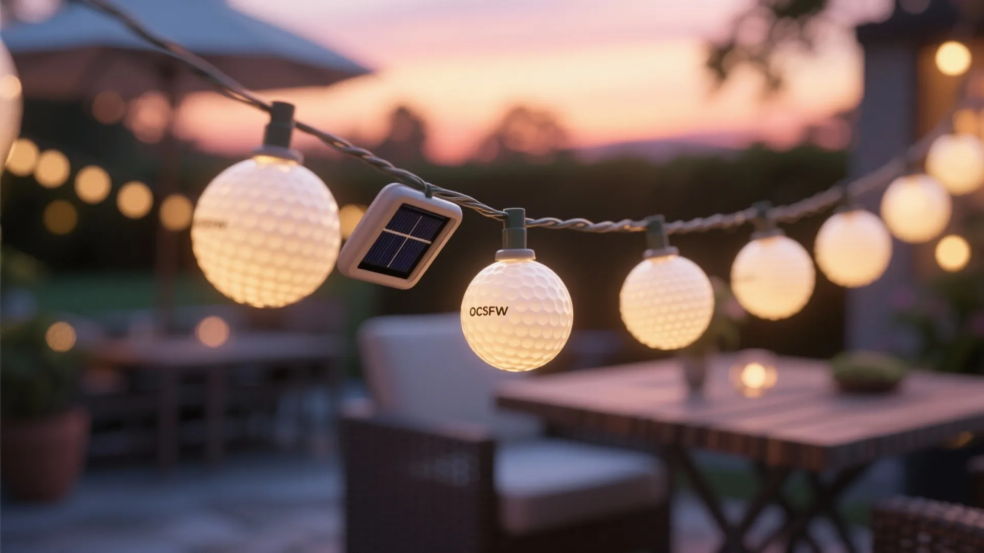 Outdoor string lights shaped like golf balls with a small solar panel for garden lighting