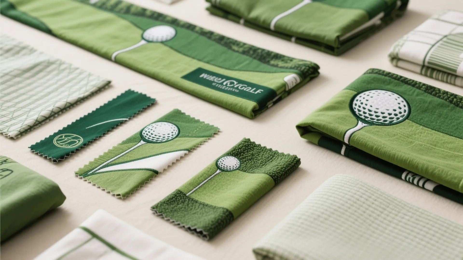 Flat lay of golf-themed bedding fabrics and patterns