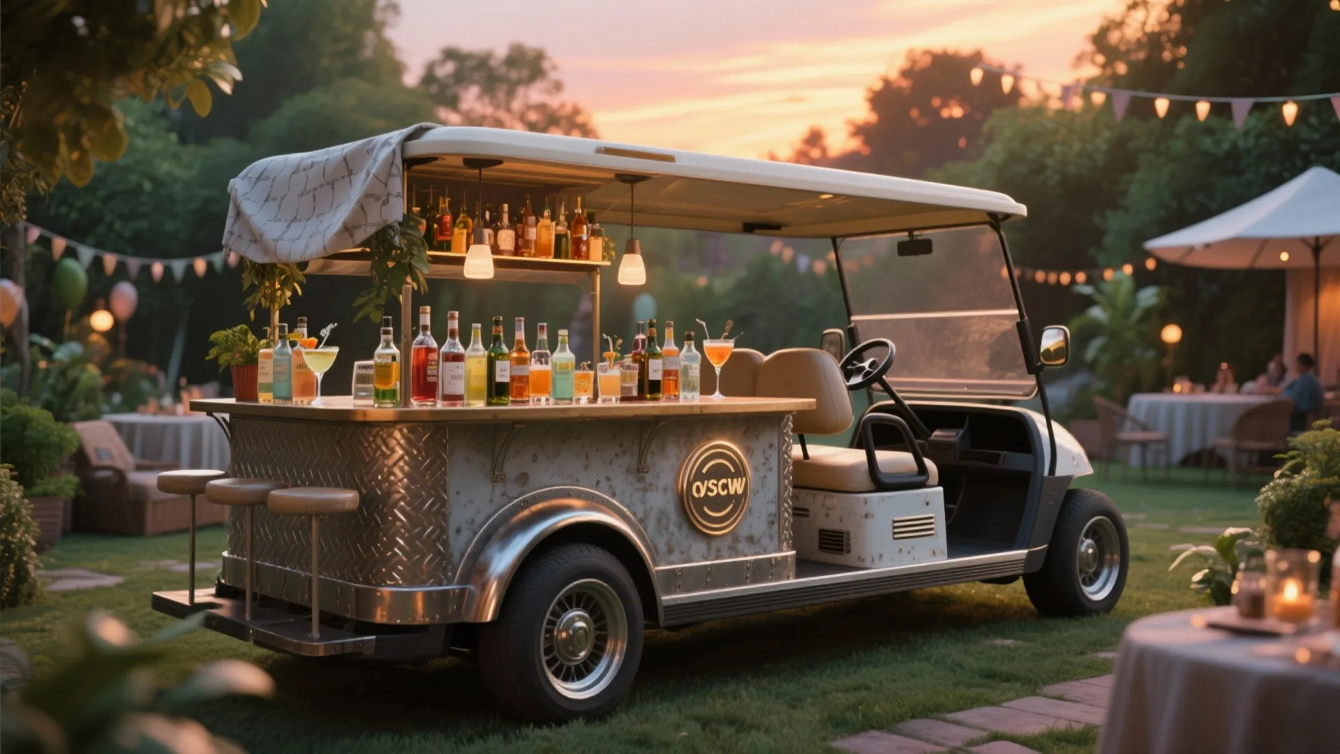Golf cart converted into outdoor mobile bar with liquor bottles and stools at sunset party