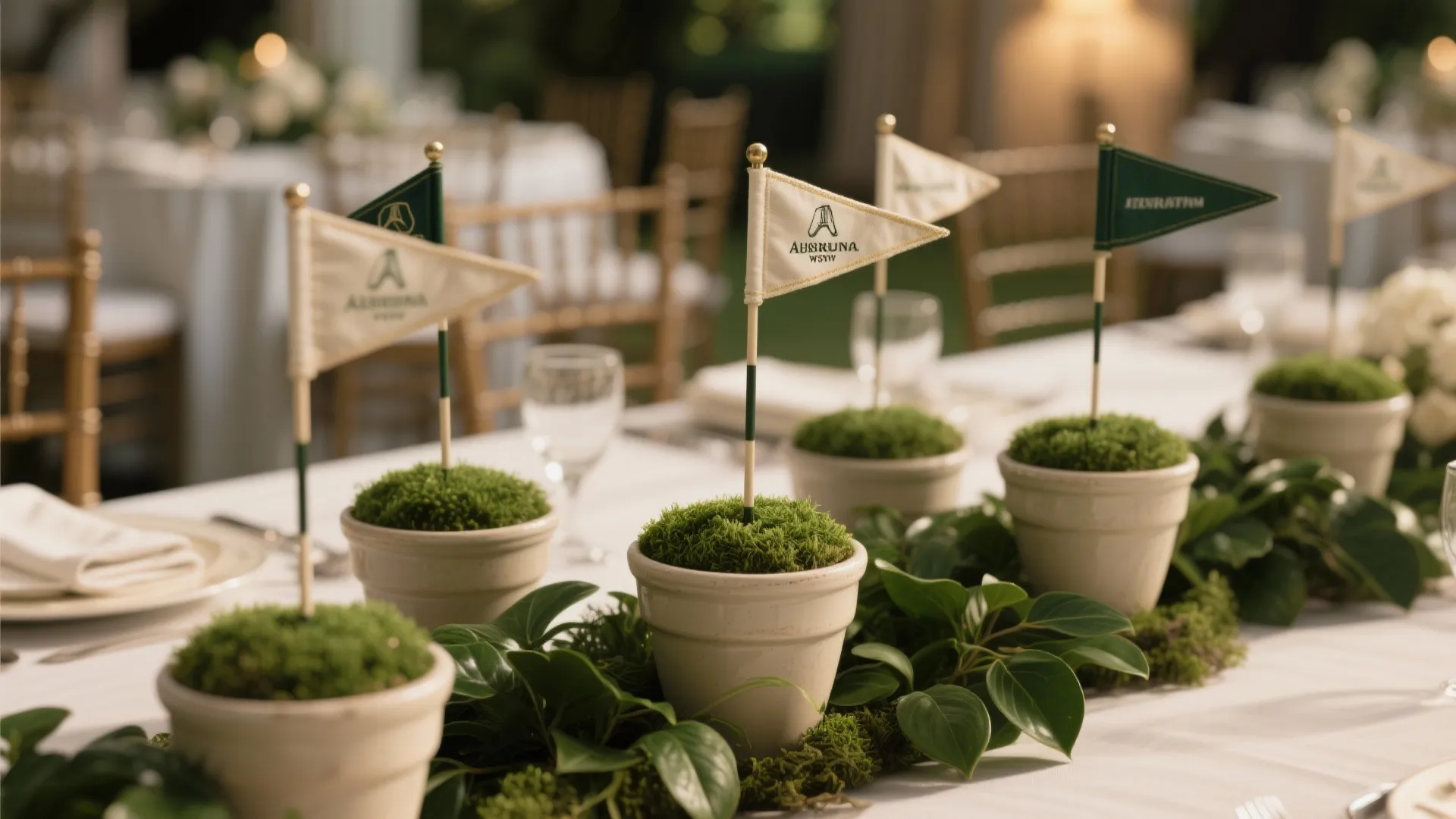 Miniature golf flag centerpieces in potted greens