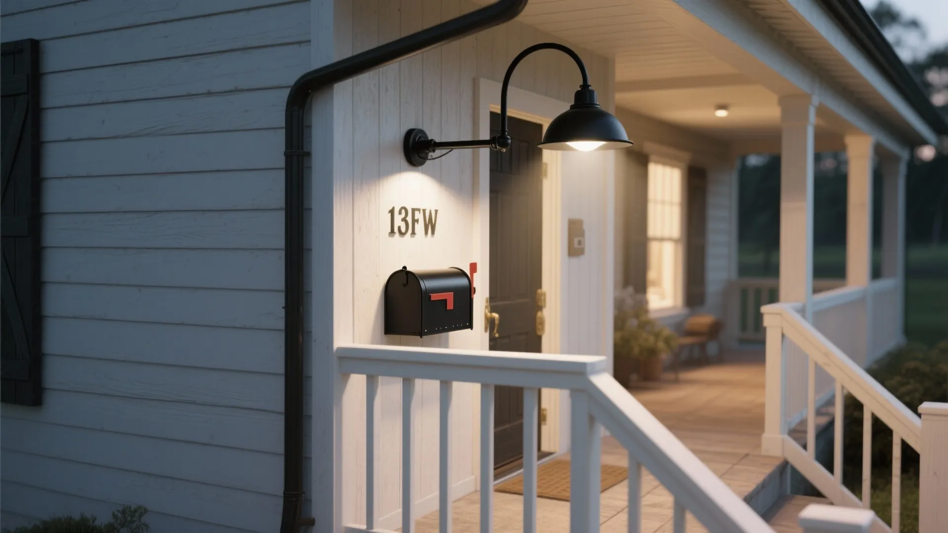 Black wall light above a mailbox on a white wooden house porch with front door