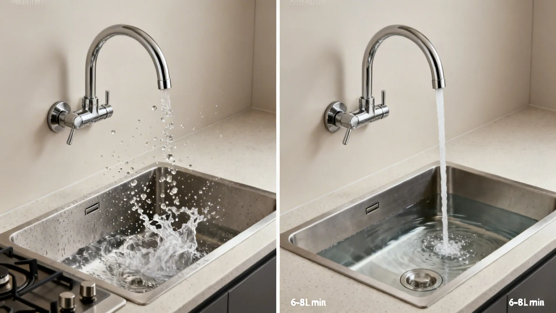 Before-and-after comparison showing splashing water versus a smooth steady stream from a chrome kitchen faucet