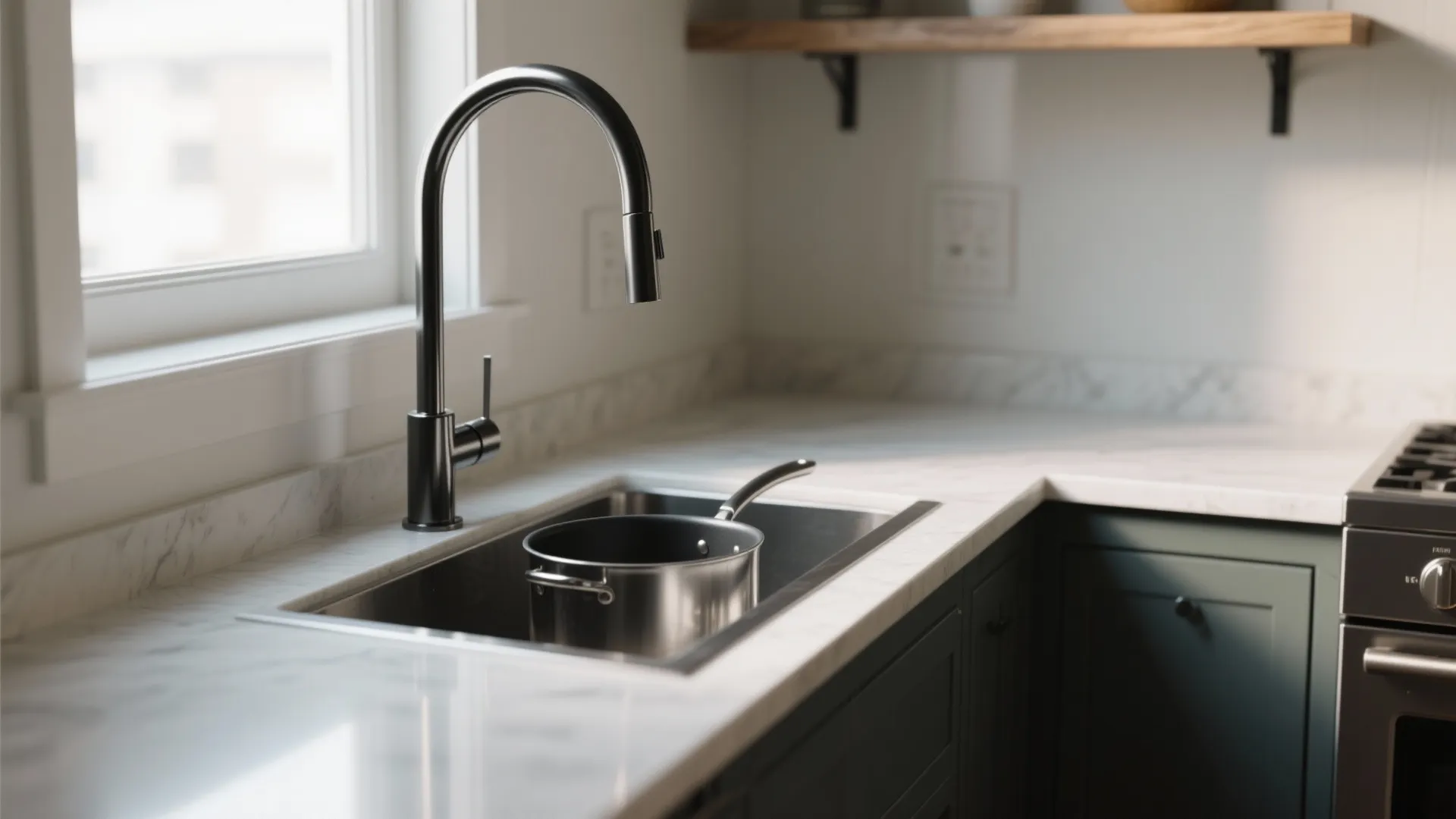 Black kitchen tap over a silver sink with a cooking pot inside a modern white kitchen
