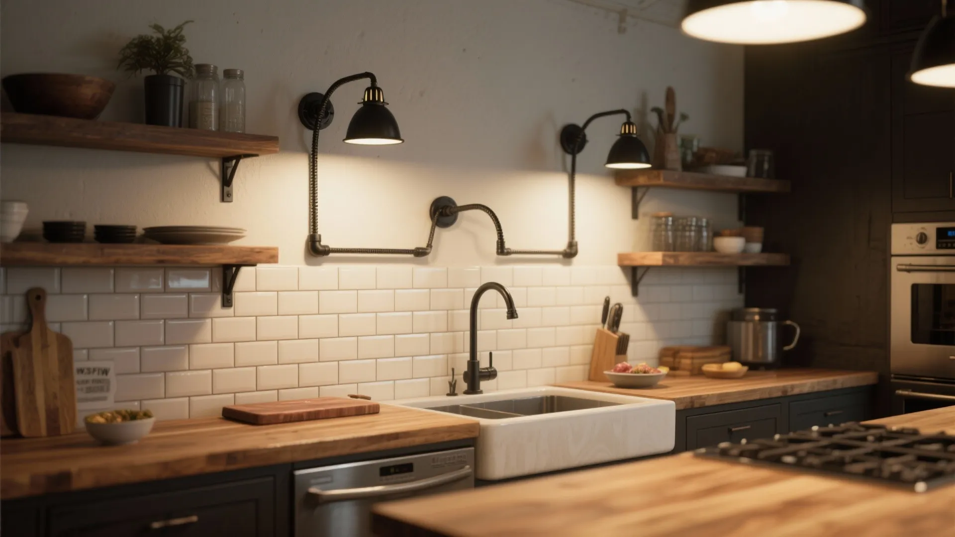 4. Industrial black gooseneck sconces for kitchen task areas