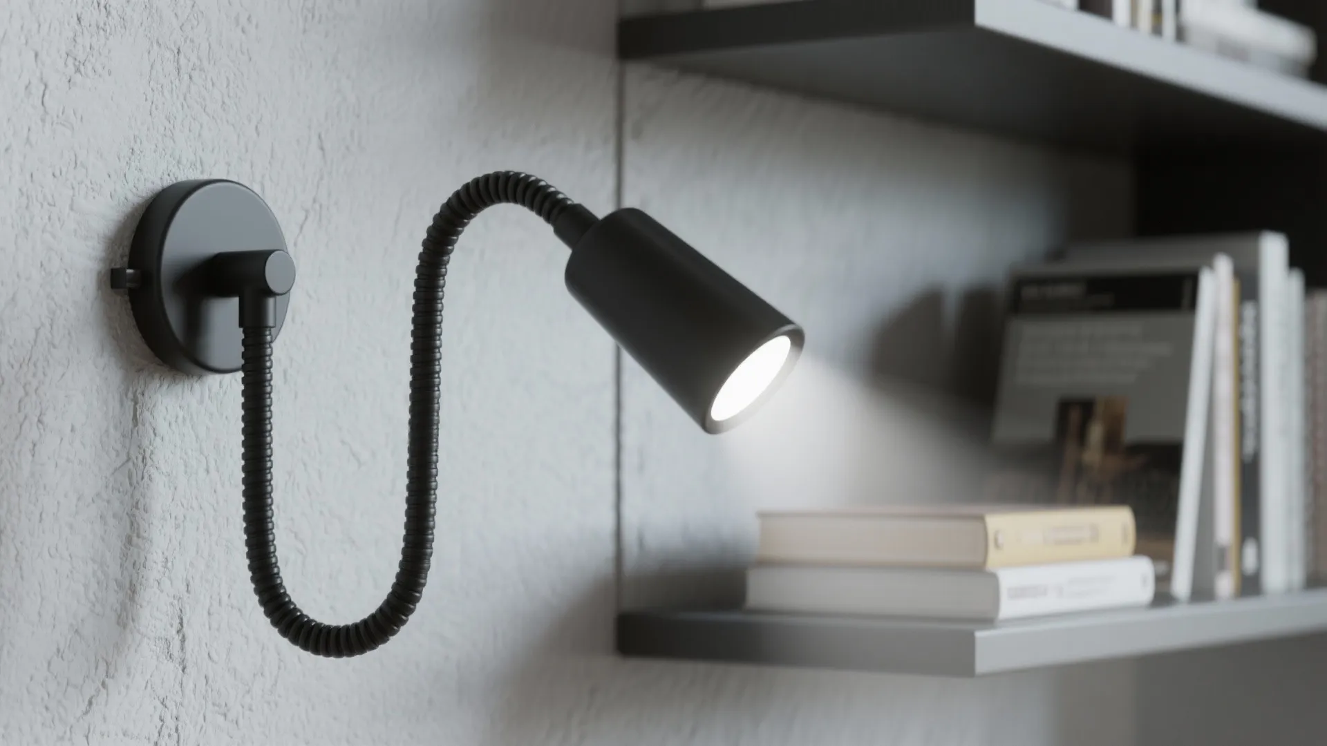 Matte black gooseneck LED focused on a book page, compact and flexible