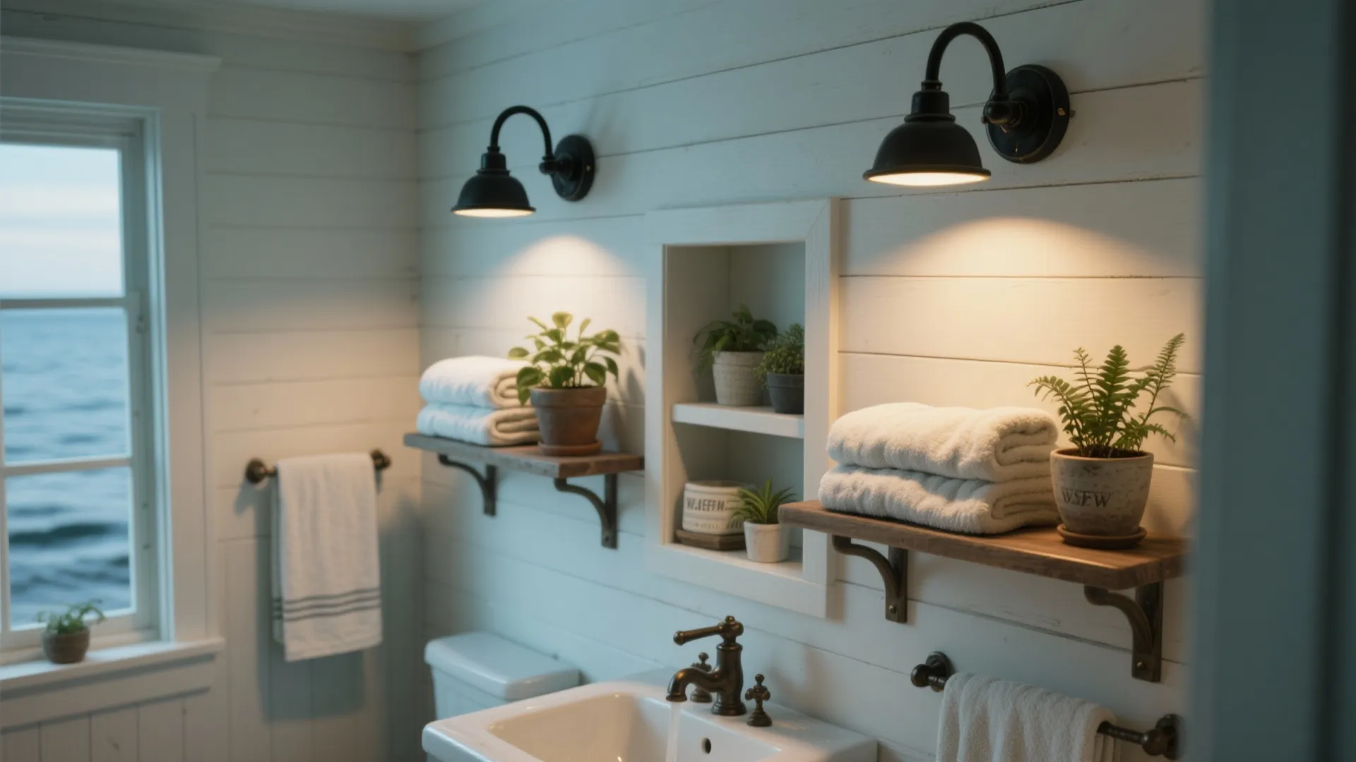 Black gooseneck sconces illuminating an open shelving niche with towels and plants