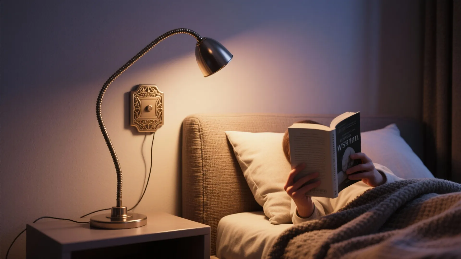 Person reading a book in bed with flexible silver reading lamp on a small nightstand