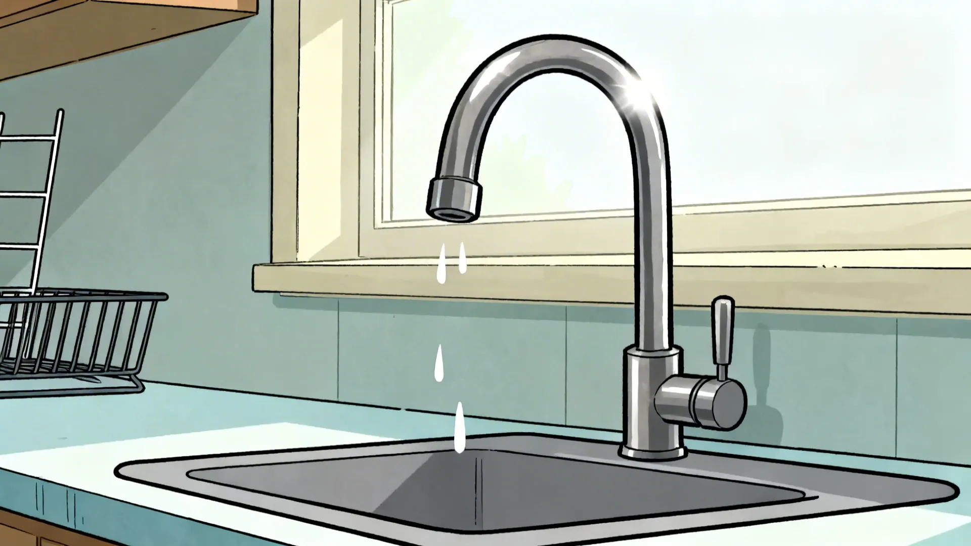 Side-view cartoon sink with a high-arc gooseneck faucet and a few splash lines in soft daylight.
