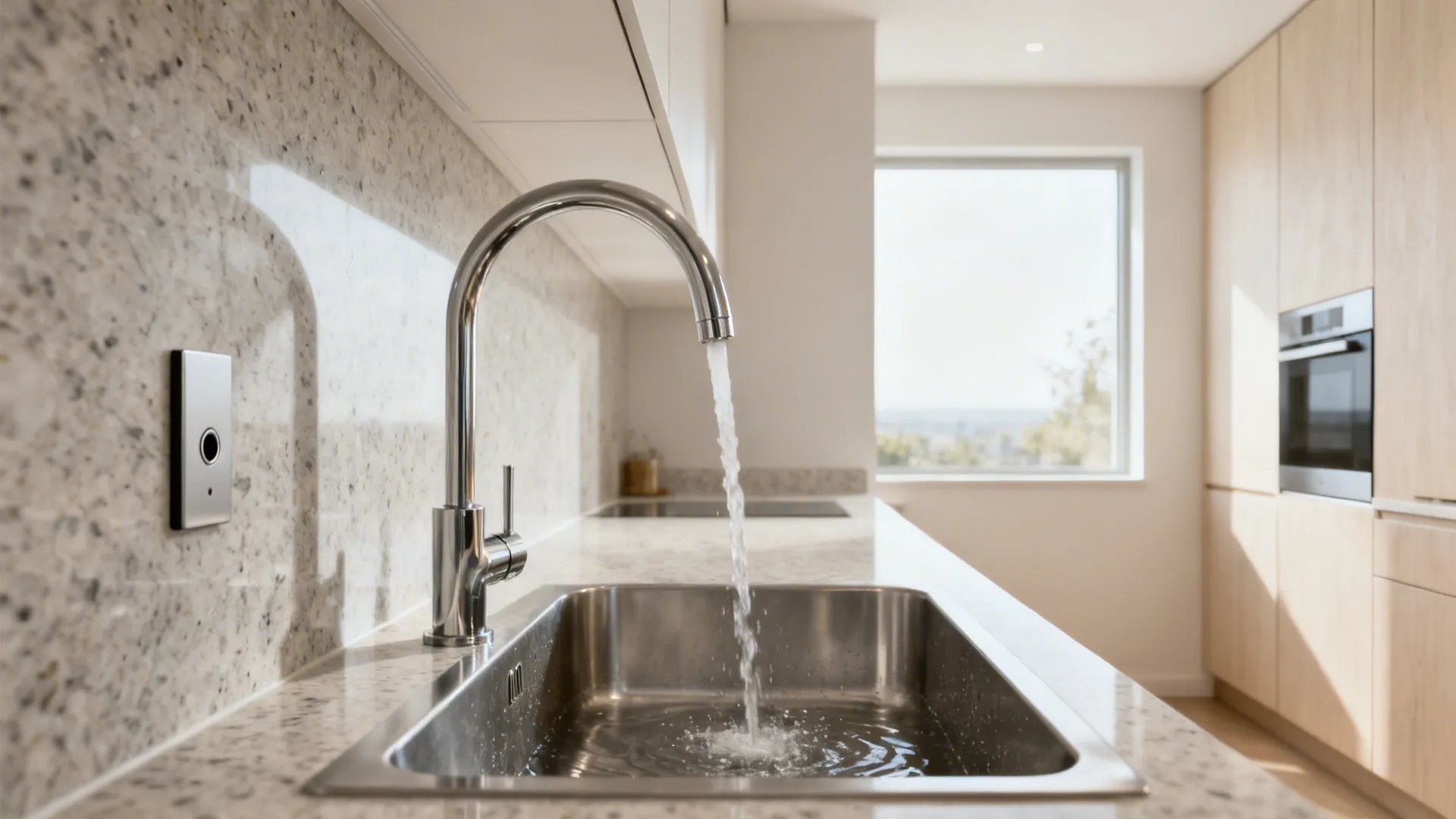 Modern chrome kitchen faucet pouring water into a stainless steel sink with a bright window