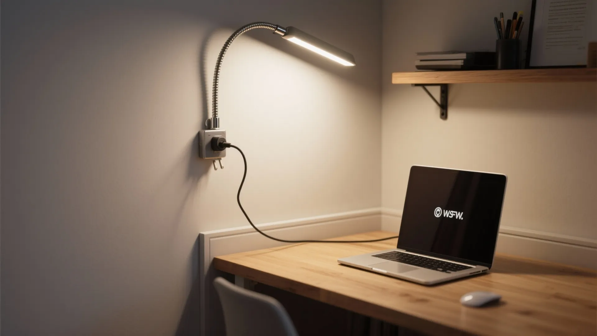 Plug-in gooseneck wall light illuminating a compact desk with cord hidden along baseboard