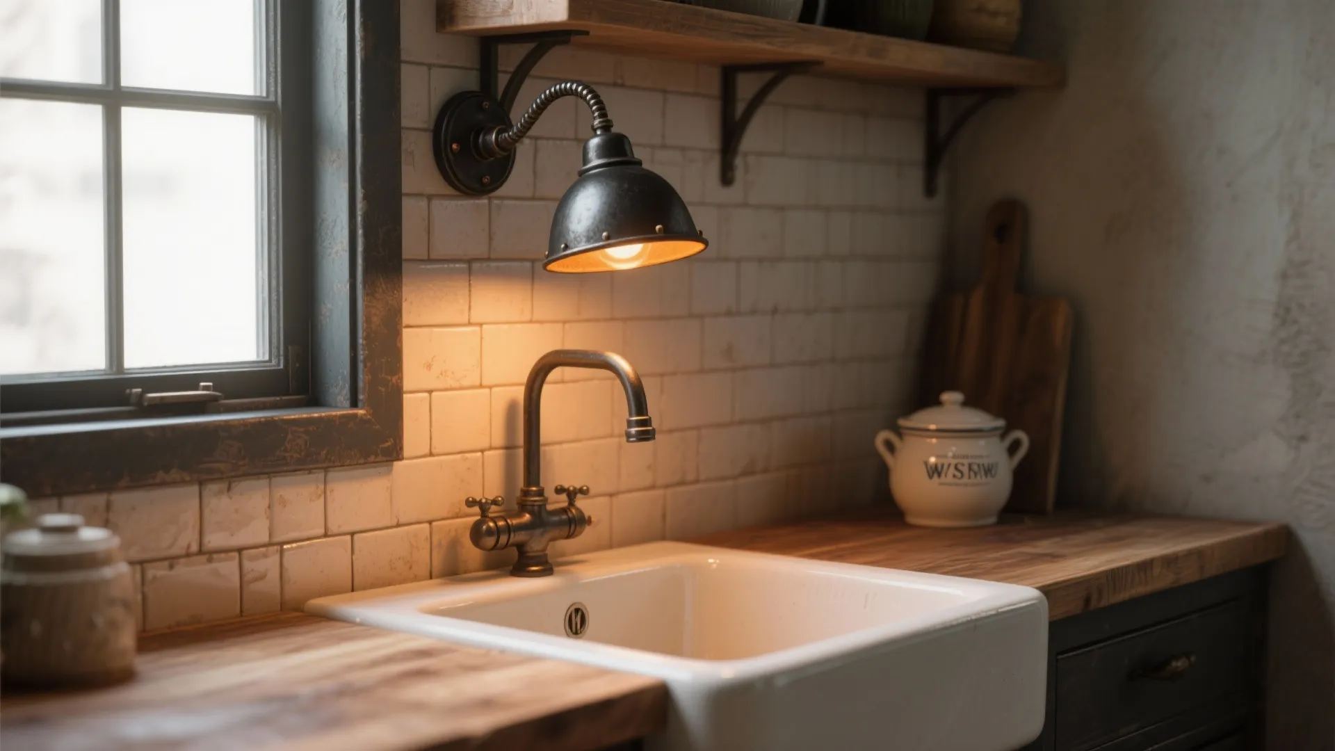Mini gooseneck wall lamp over a farmhouse ceramic sink with butcher block counter