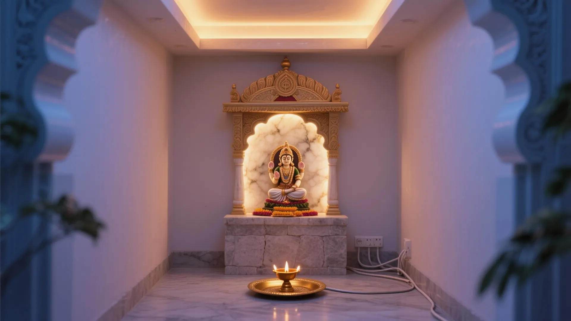 Compact pooja with gopuram ceiling detail and softly backlit panel behind the idol.