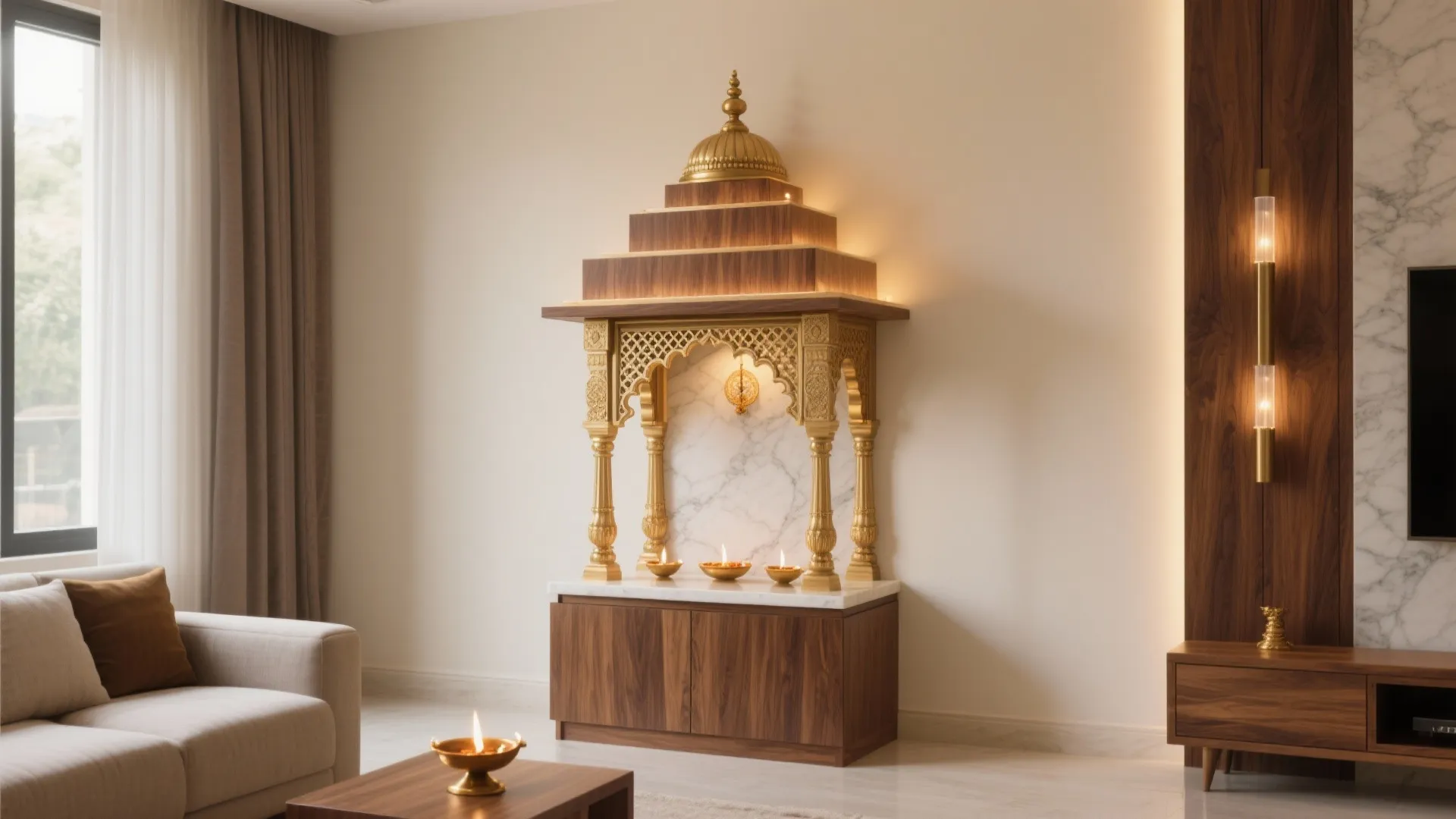 Modern living room featuring a wooden prayer cabinet with gold accents and warm wall lights