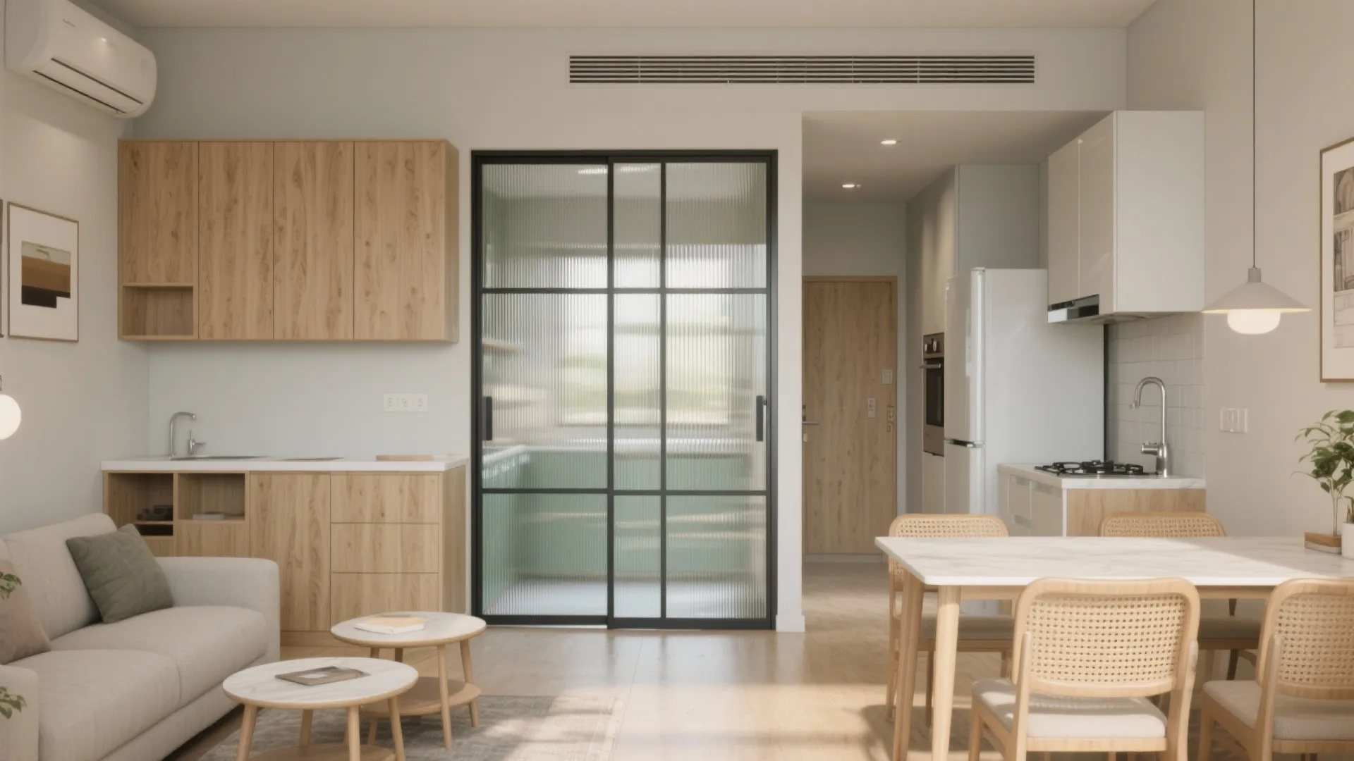 Open living room with grey sofa wooden dining table and glass sliding door to kitchen