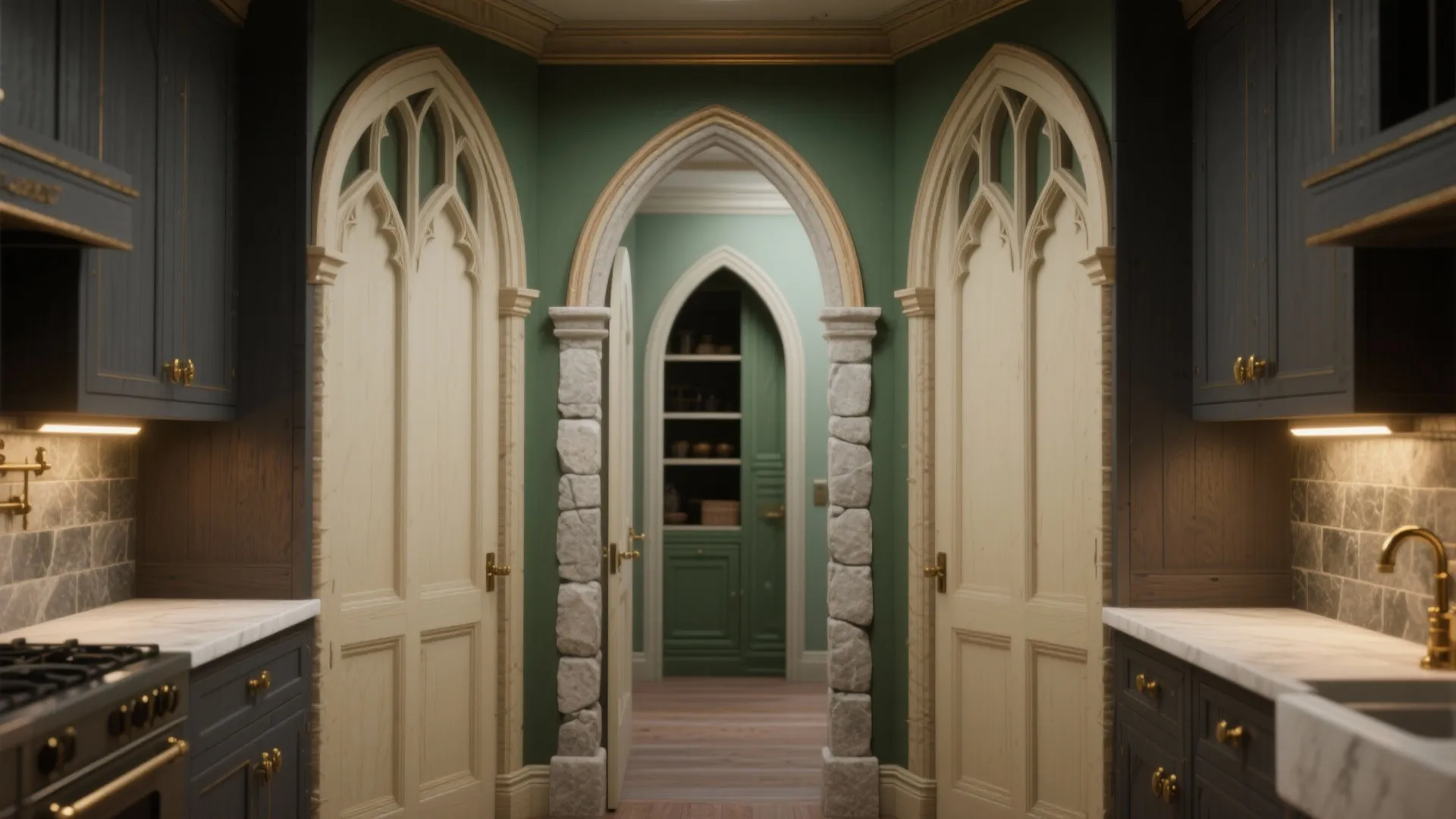 Arched wooden doors with stone pillars in a green room with cabinets and marble counters