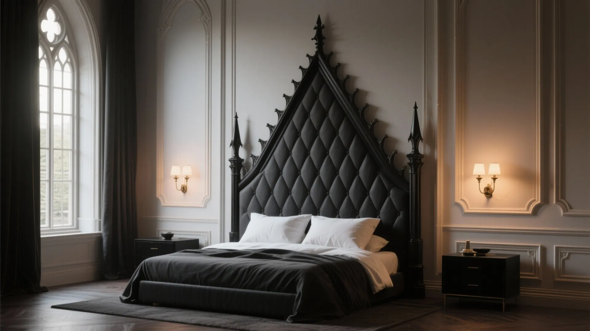 Bedroom with faux pointed-arch headboard and applied Gothic moldings, warm sconces
