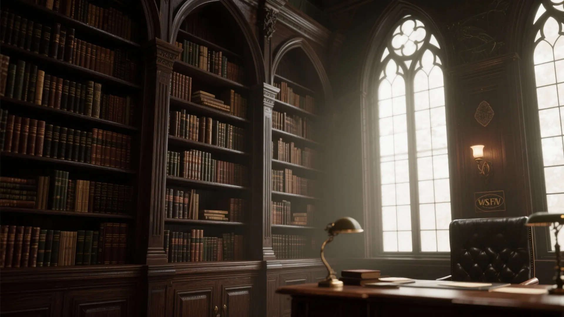 Dark wooden bookshelves filled with many books stand next to a window and work desk