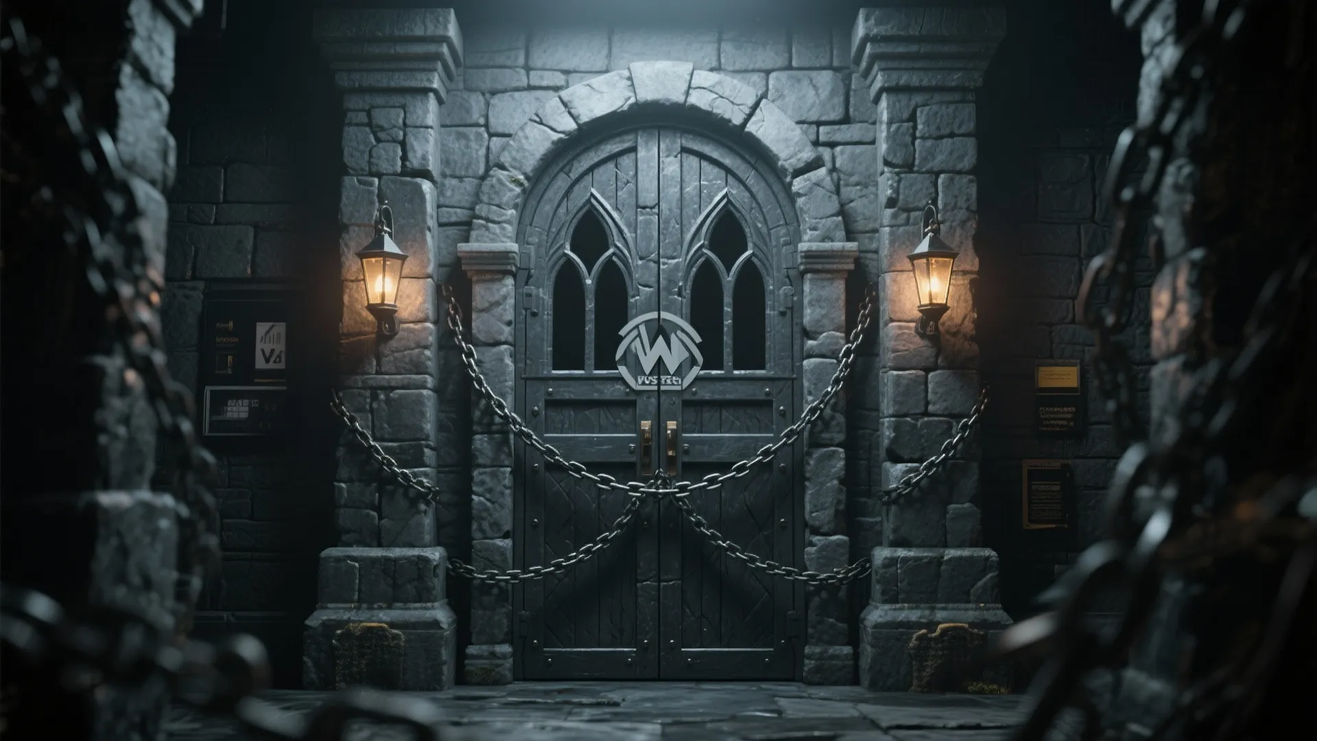 Dark stone castle door with metal chains and wall light fixtures in a spooky basement