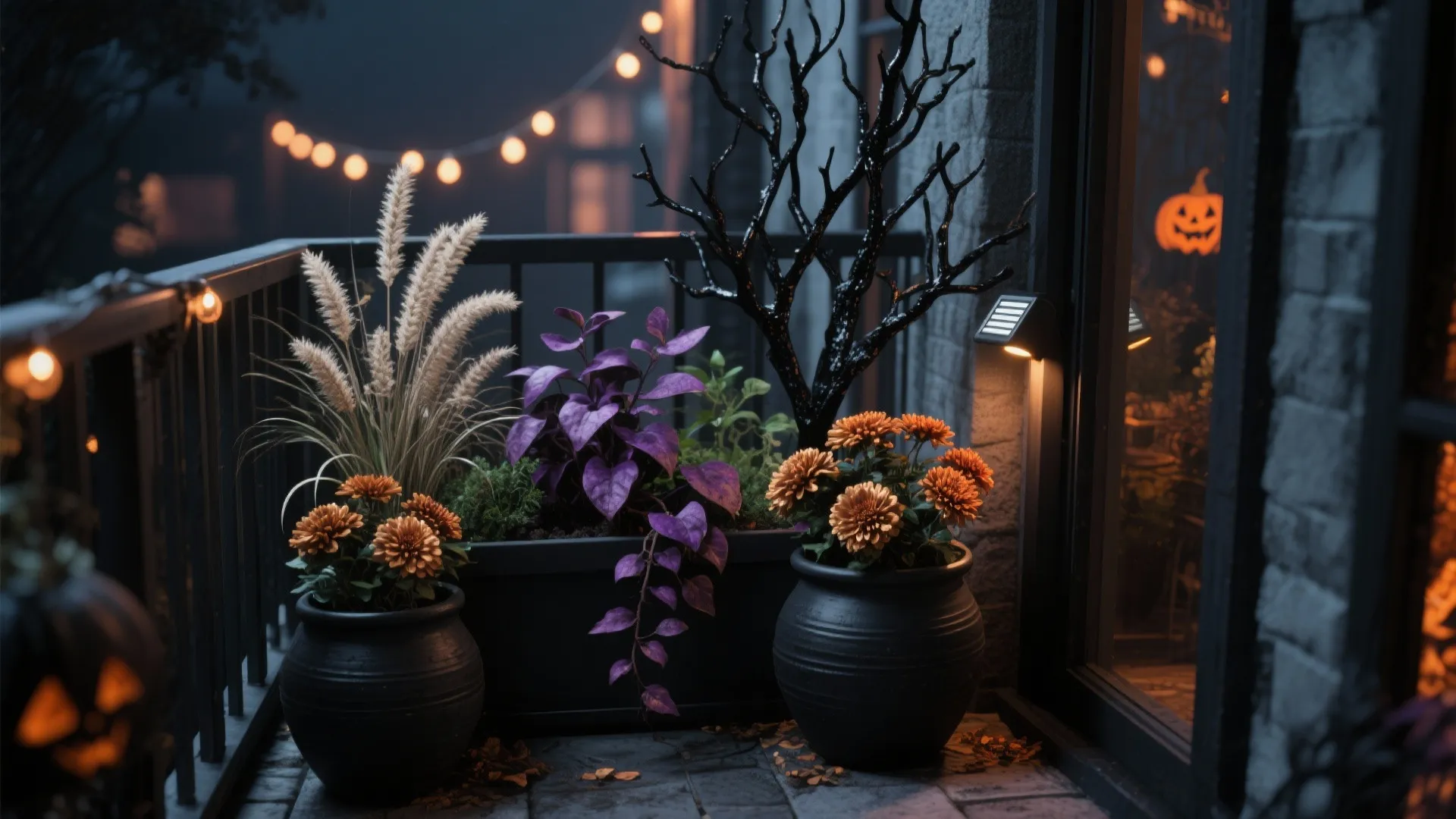 Gothic Greenery: Dark Pots, Mums, and Branchy Drama