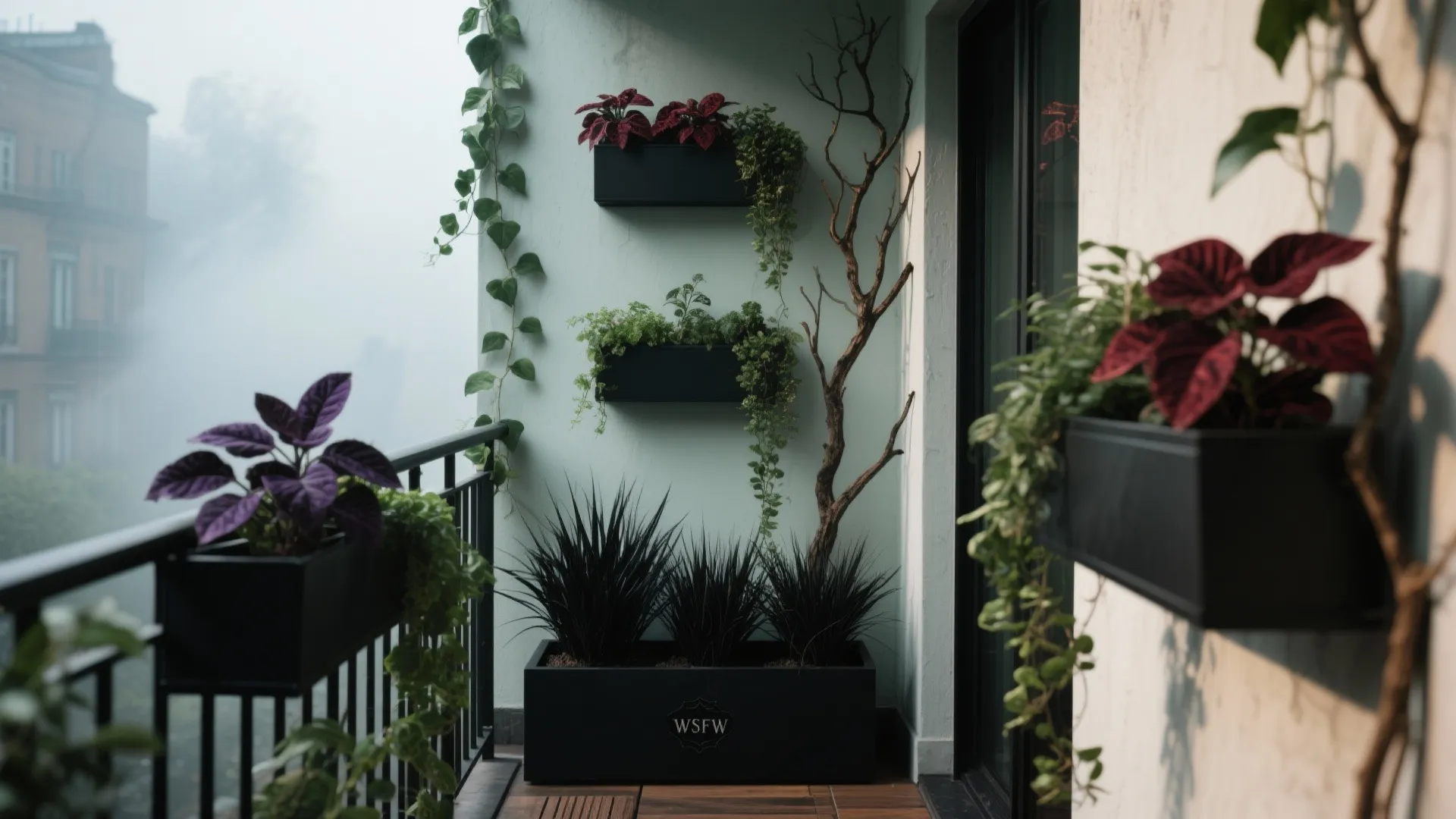Gothic greenery on a balcony with black planters, burgundy foliage, faux trailing ivy, and moody shadows that add height and drama.