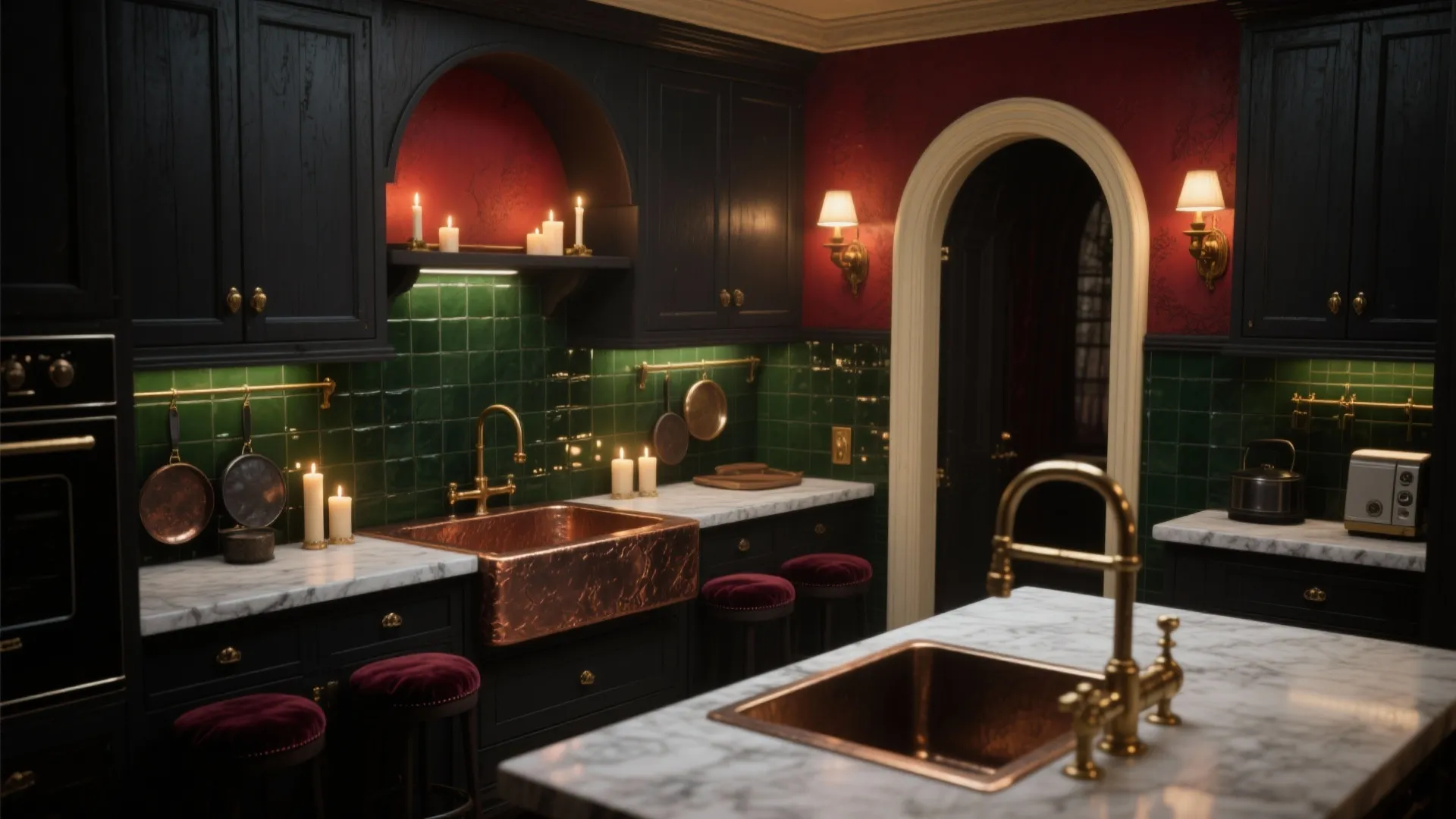 Gothic style kitchen with green wall tiles red walls arched doorway copper sink and marble