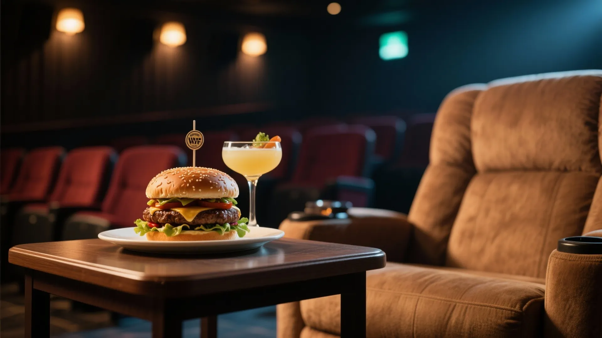 Beef burger and fruit cocktail on a wooden table next to a brown cinema seat