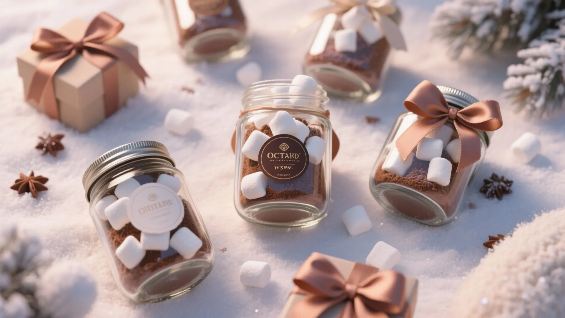 Glass jars filled with cocoa and marshmallows sitting on snow with gift boxes and ribbons