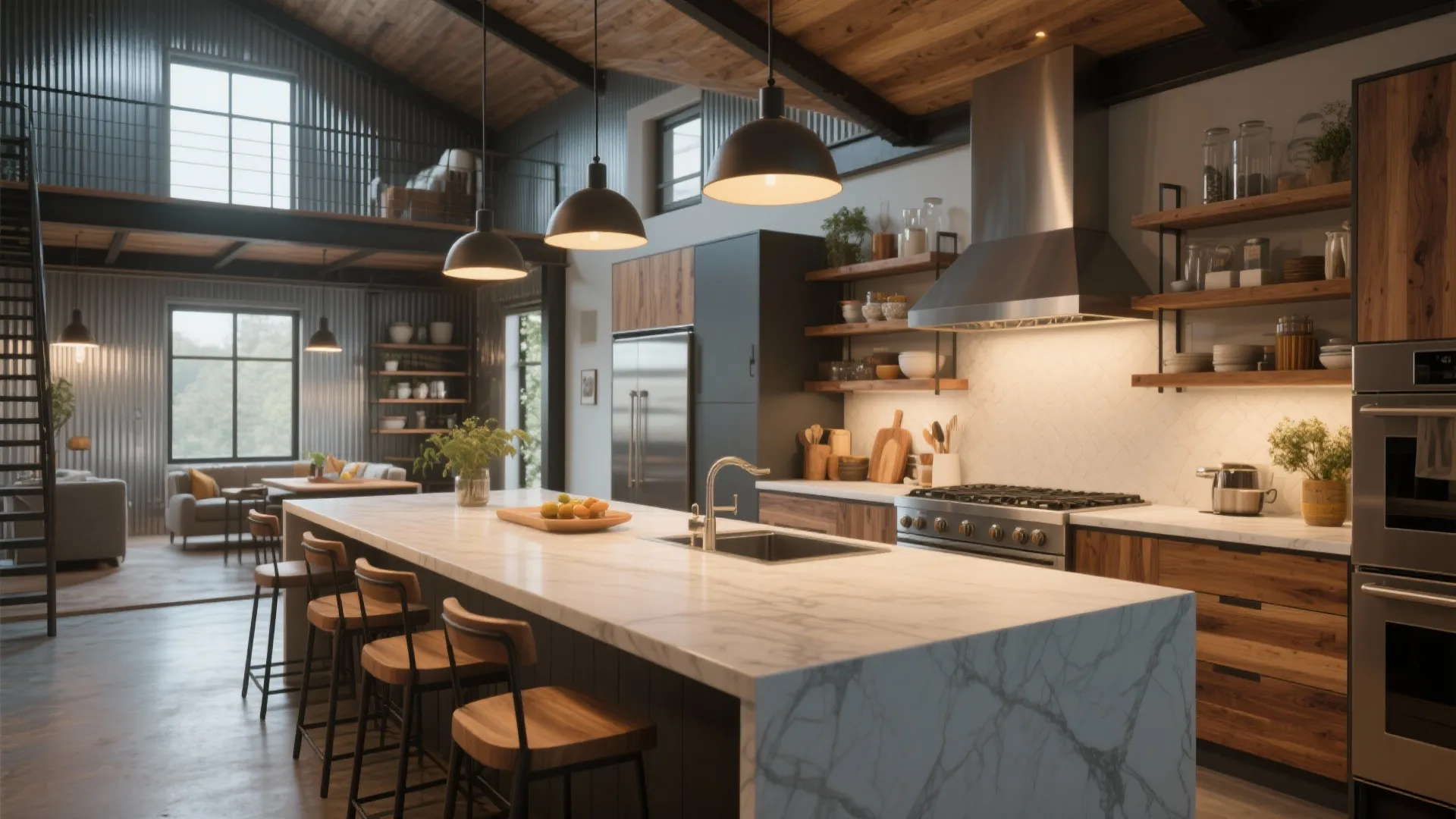 Industrial kitchen with marble island and wooden cabinets featuring black ceiling lights and stainless stove