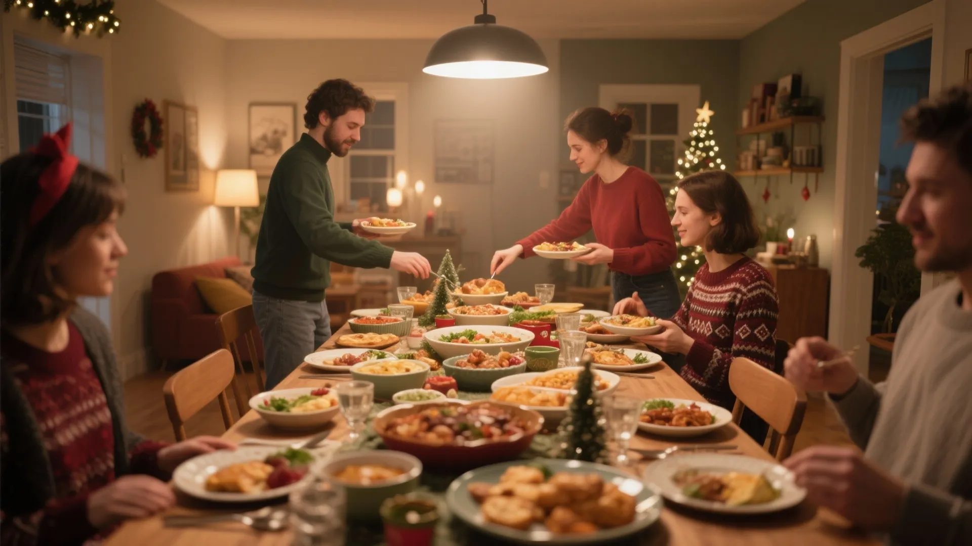 People gathering around a long wooden dining table filled with festive food for Christmas dinner