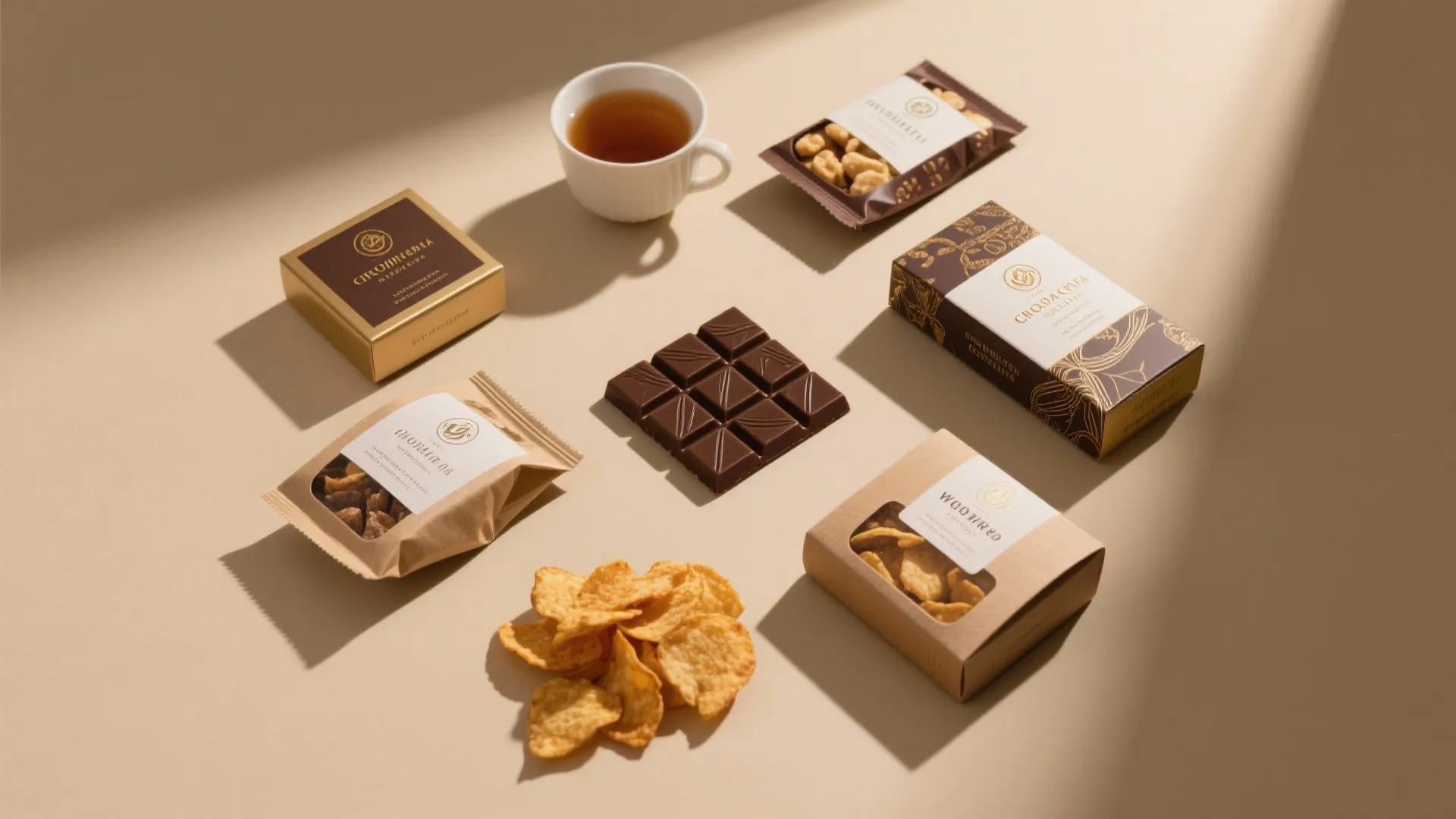 Gourmet snack box collection with chocolate bars tea cup potato chips and various packaged nuts