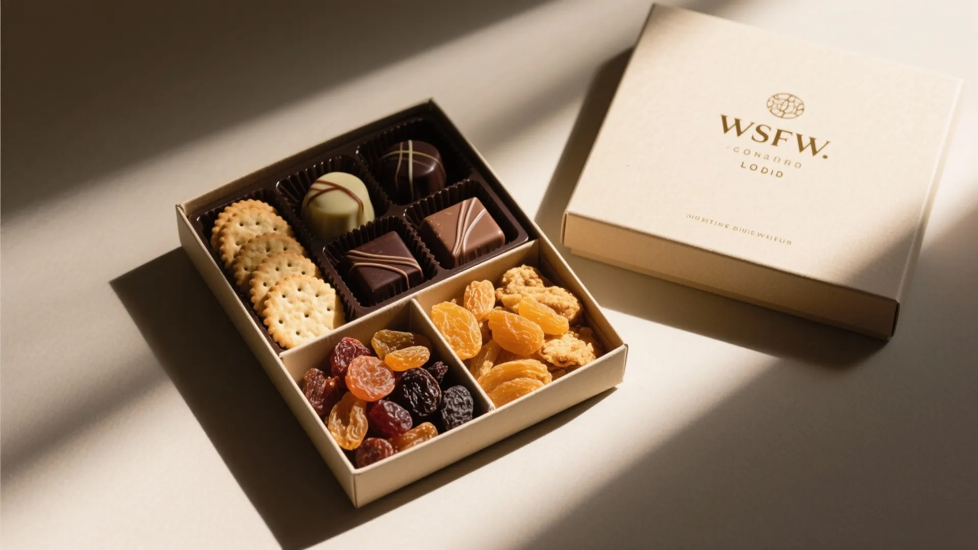 Open gift box filled with assorted chocolates round crackers dried fruits and nuts on beige surface