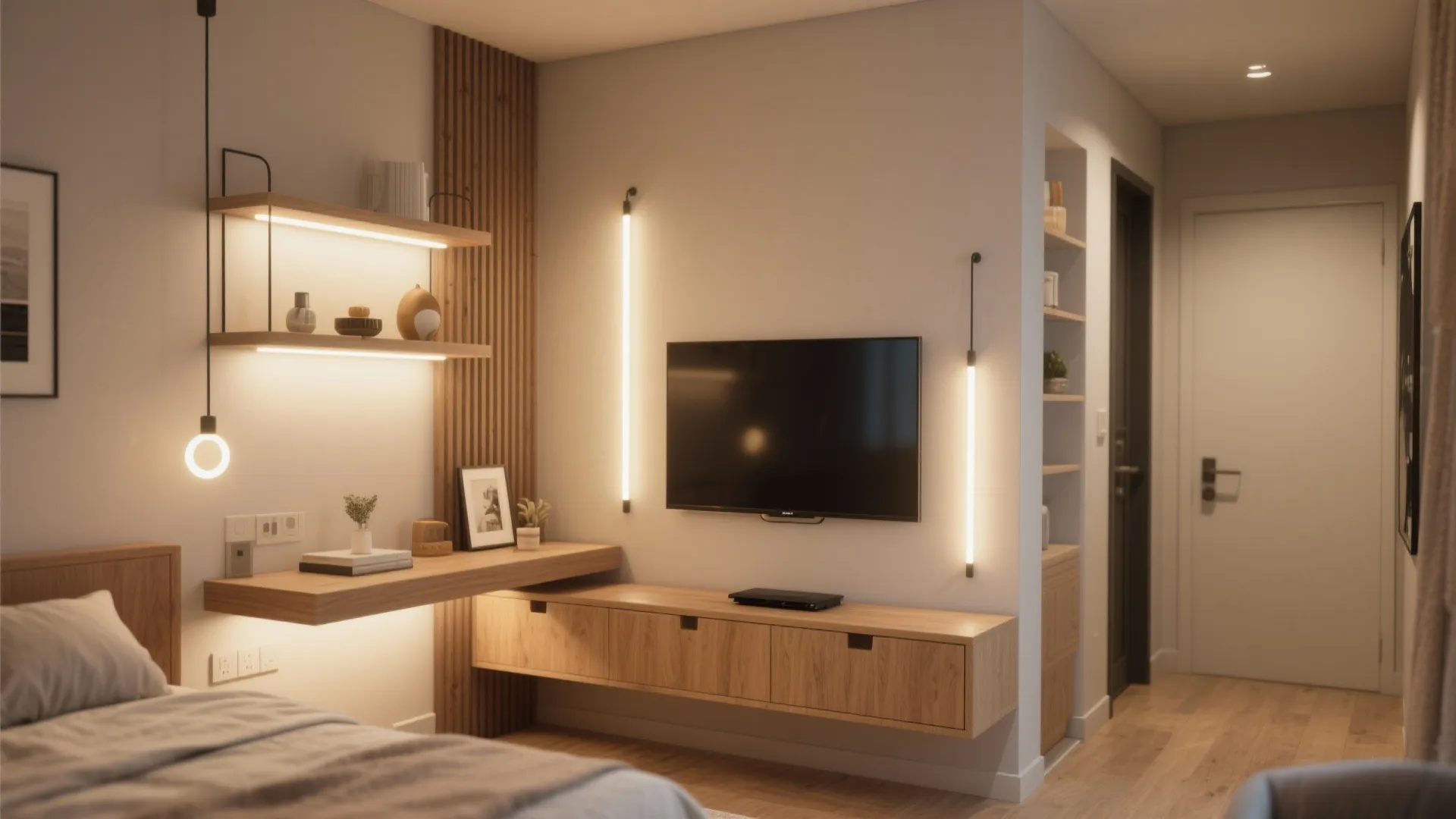 Cozy room interior design drawing with wall lights near a television and wooden desk area