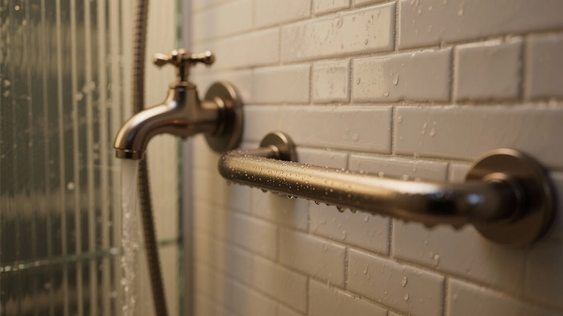 Metal safety grab bar installed on white tiled wall with water running from a faucet