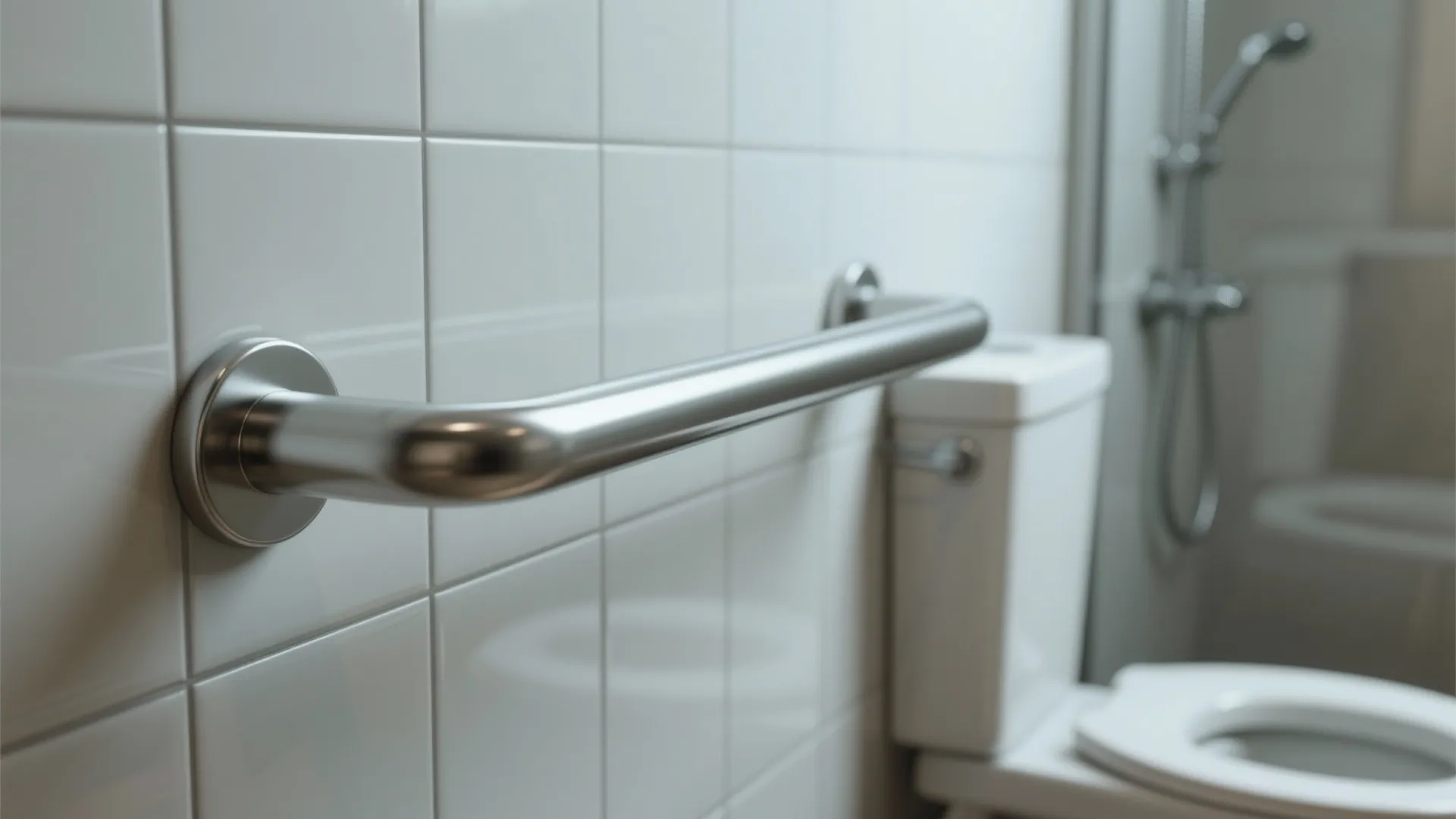 Close-up of a metal safety handrail installed on white tiled wall next to a toilet