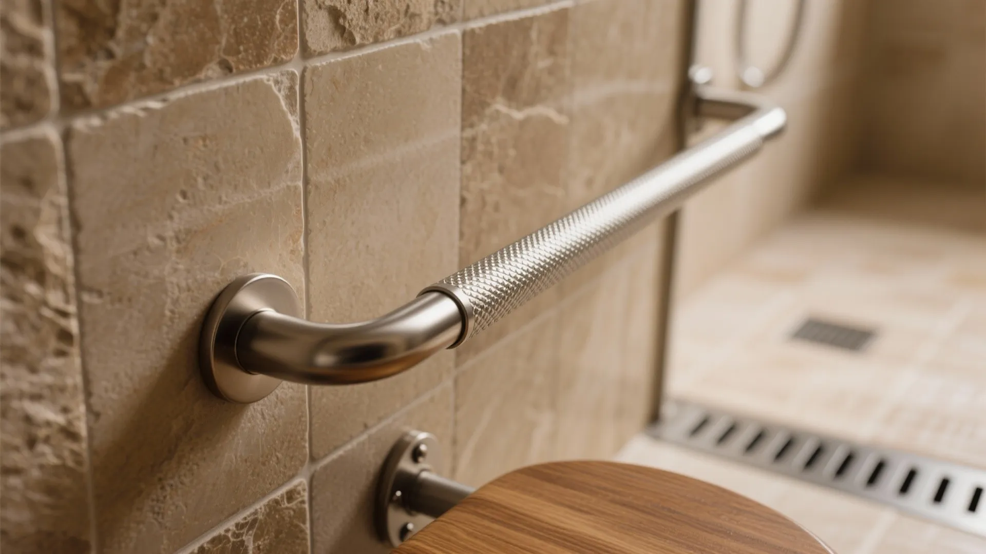 Stainless steel bathroom wall safety bar next to a wooden seat with textured stone tiles