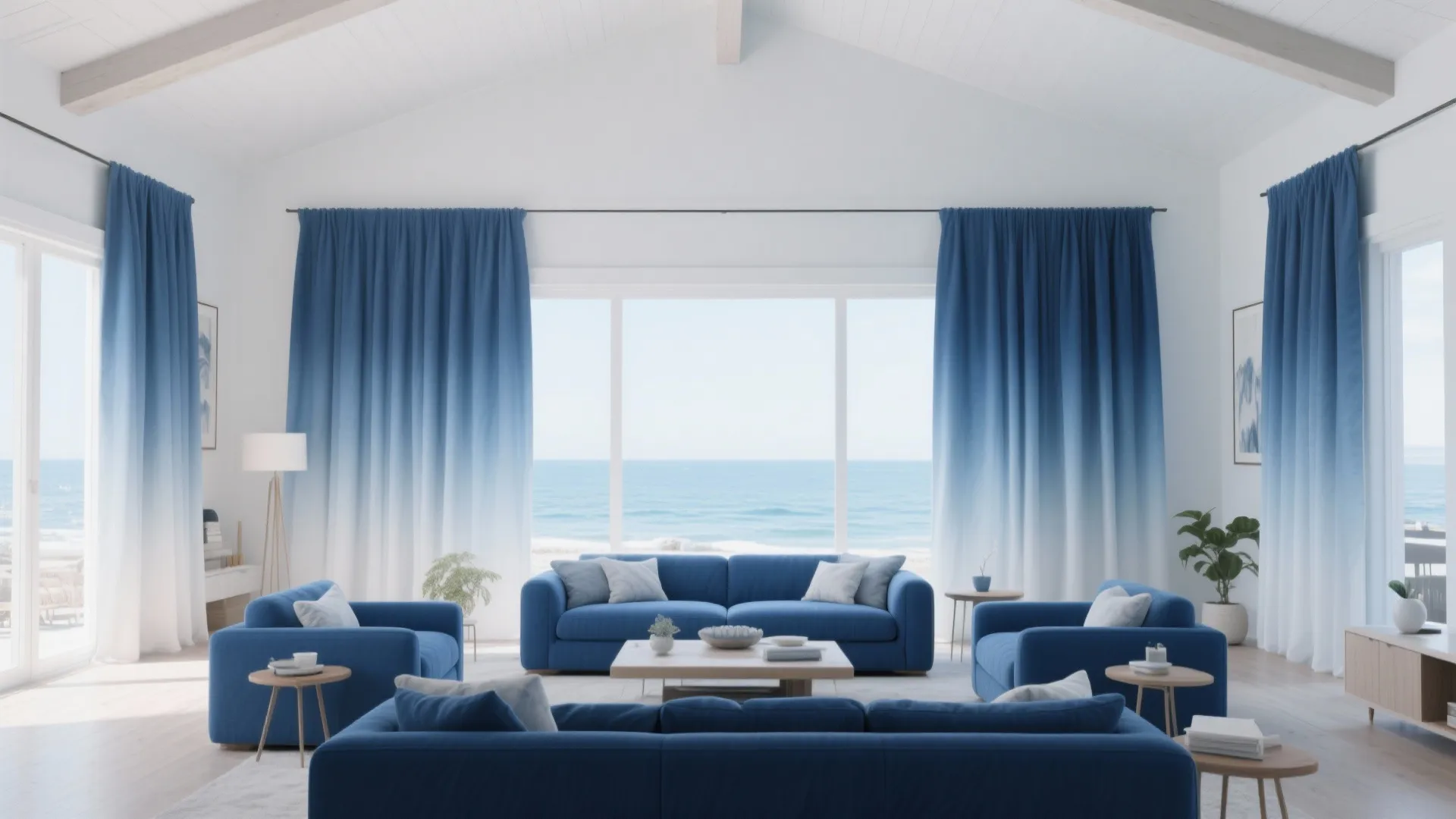 Spacious white living room featuring blue ombre curtains blue sofas and beautiful ocean view windows