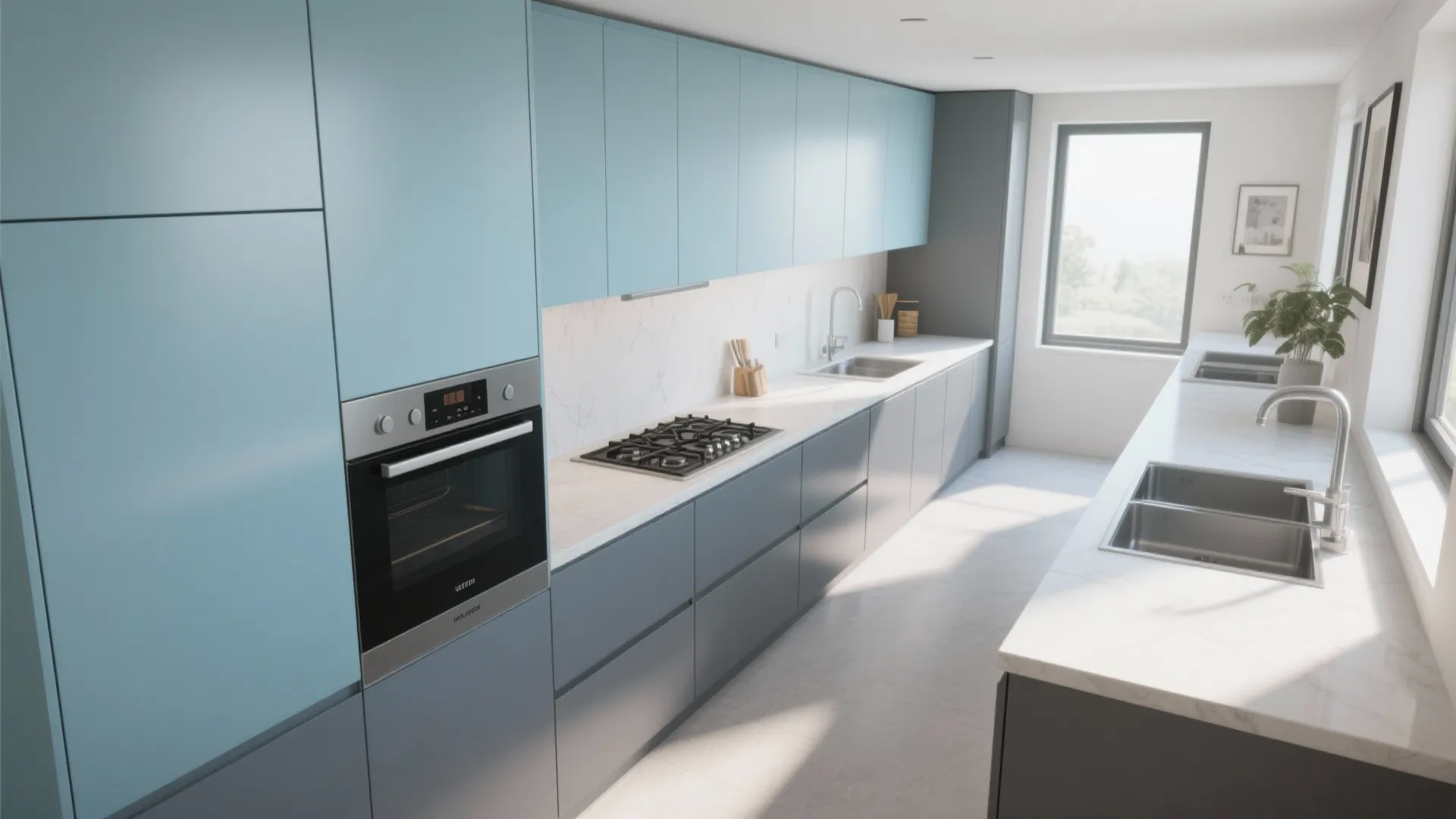 Minimalist kitchen design with light blue upper cabinets grey lower cabinets built in oven and windows