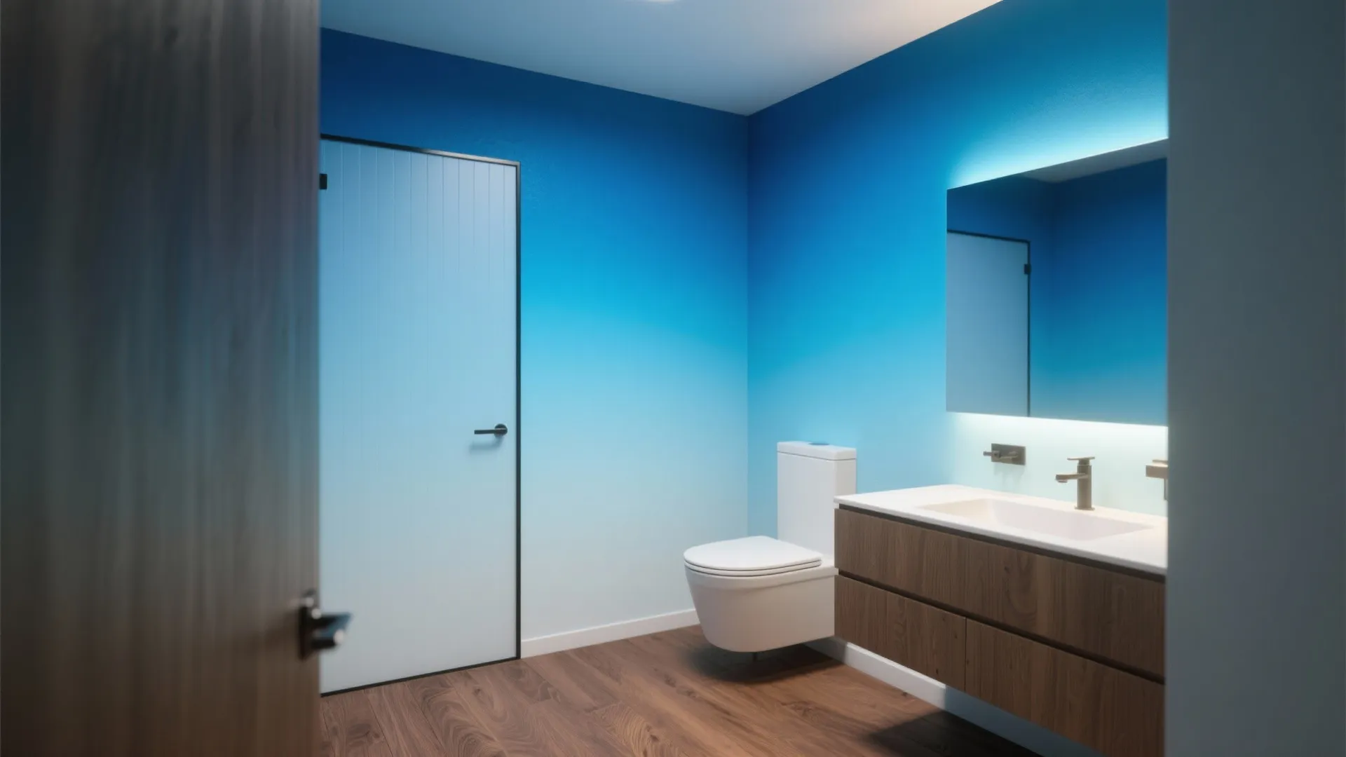 4. Gradient Blue Paint + Walnut Floor